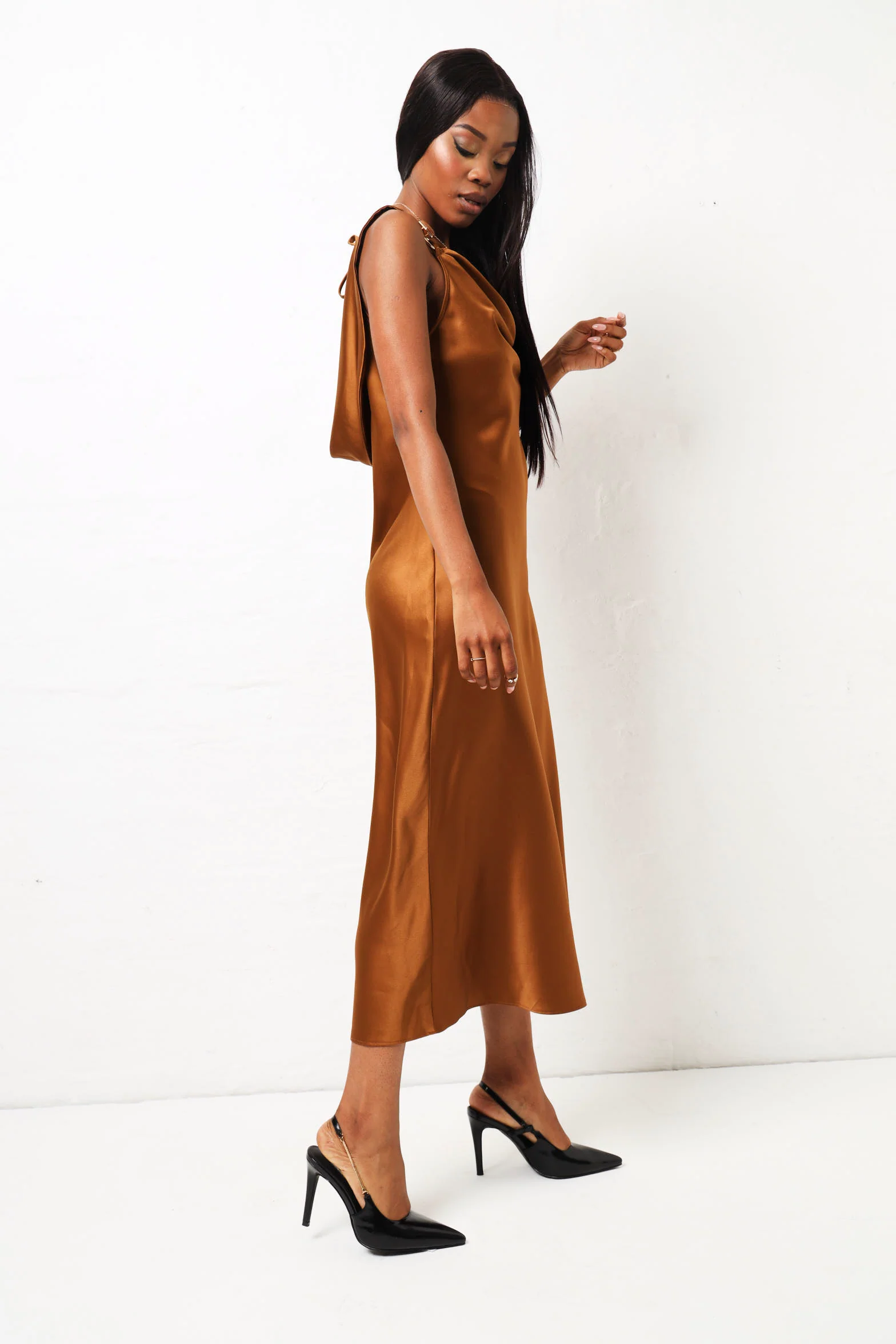 Trim Detail Satin Maxi Dress  - Tan - Image 6