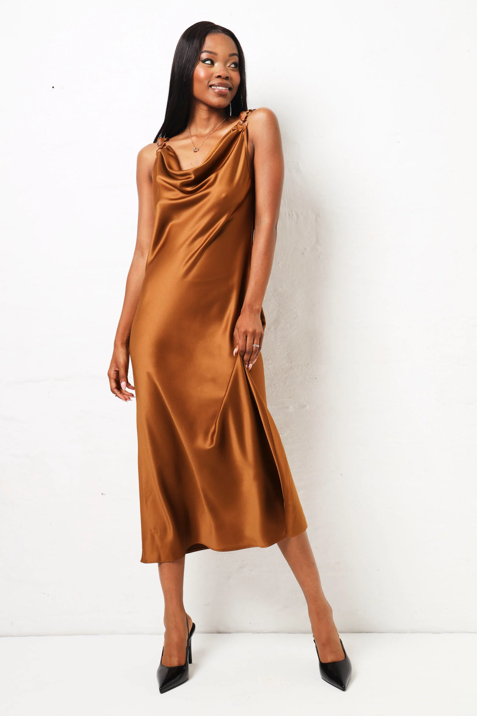 Trim Detail Satin Maxi Dress  - Tan - Image 7