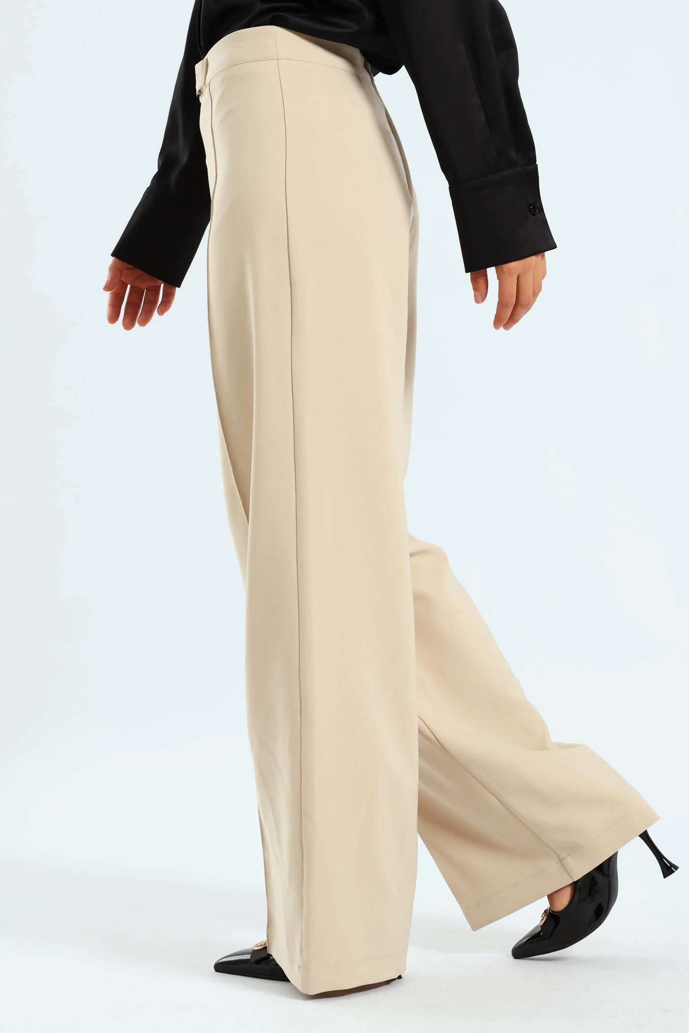 Trim Detail Wideleg Pants - Nude - Image 2
