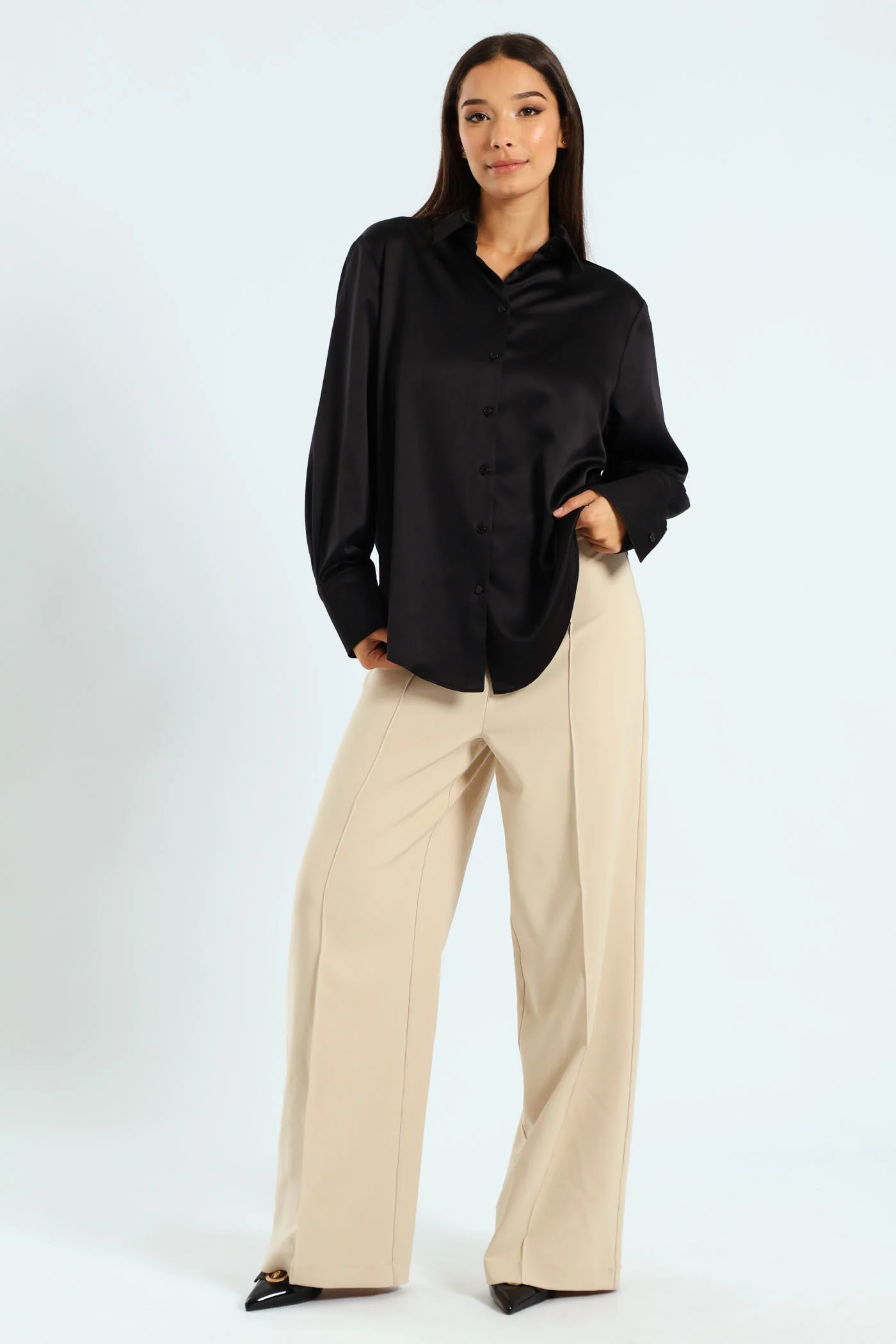 Trim Detail Wideleg Pants - Nude - Image 4