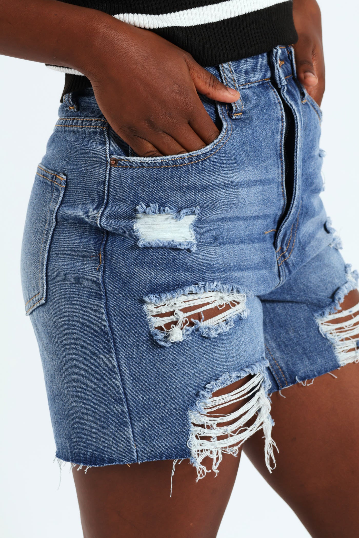 Triple Abraised Denim Short - Mid Blue - Image 3