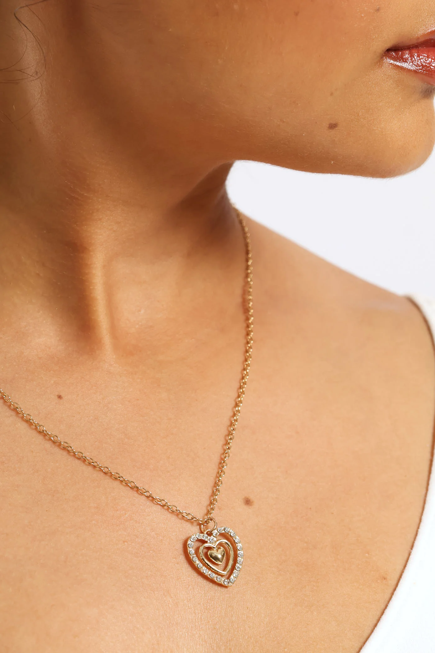 Tripple Layer Diamante Heart Pendant Necklace & Matching Earrings - Gold - Image 4