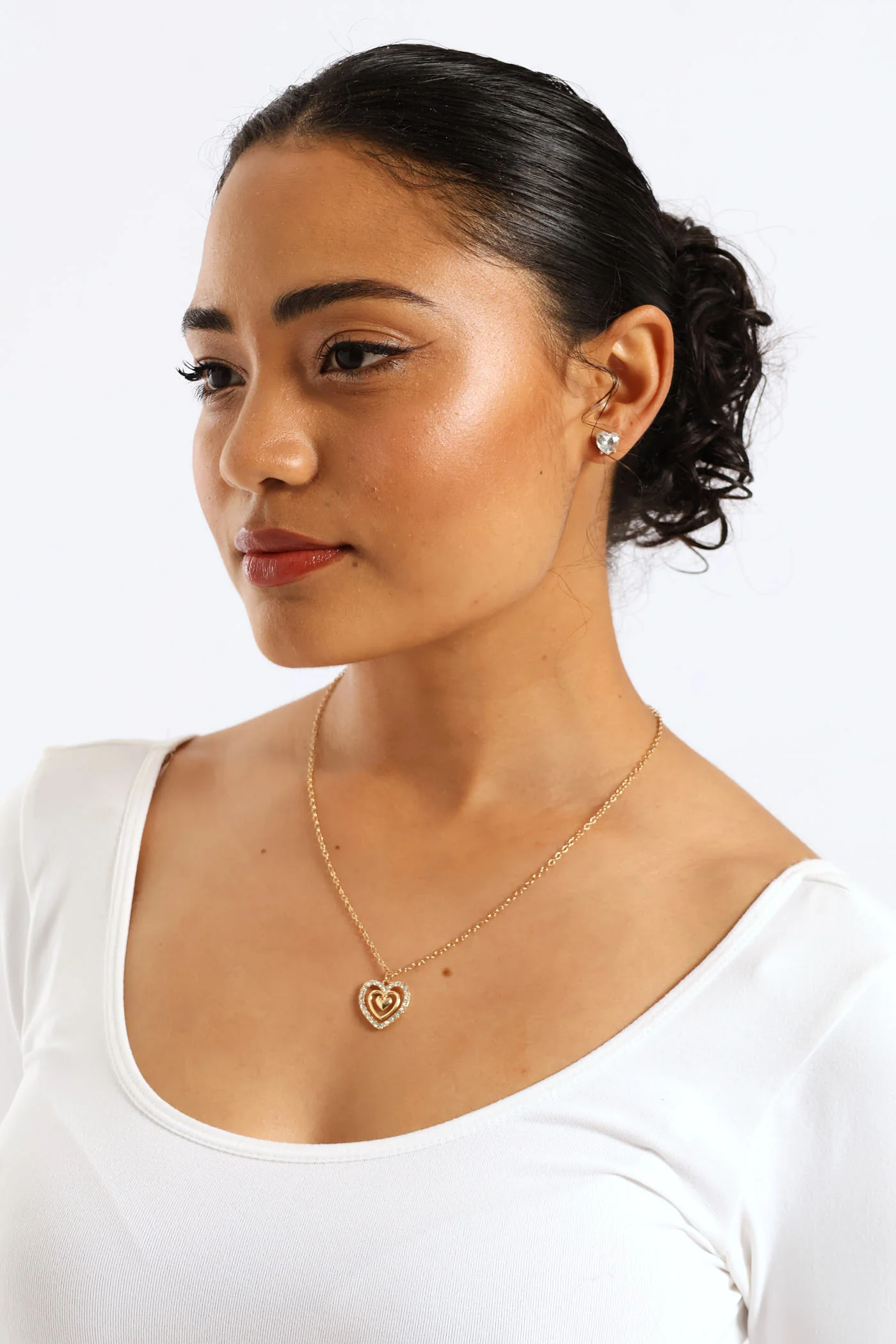 Tripple Layer Diamante Heart Pendant Necklace & Matching Earrings - Gold - Image 5