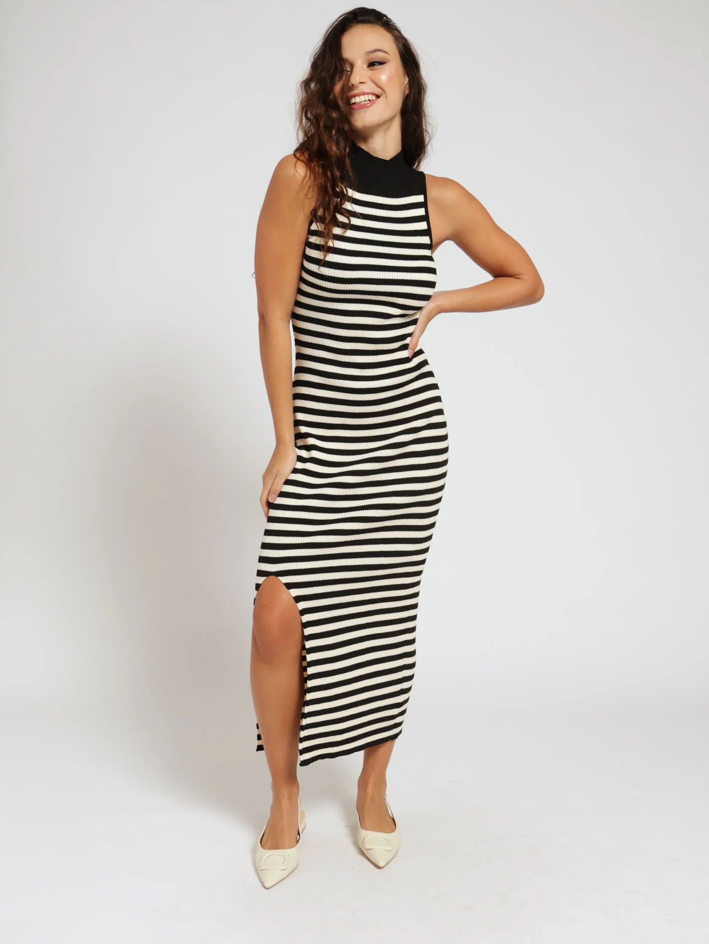 Turle Neck Stripe Knitwear Dress - Black/Cream