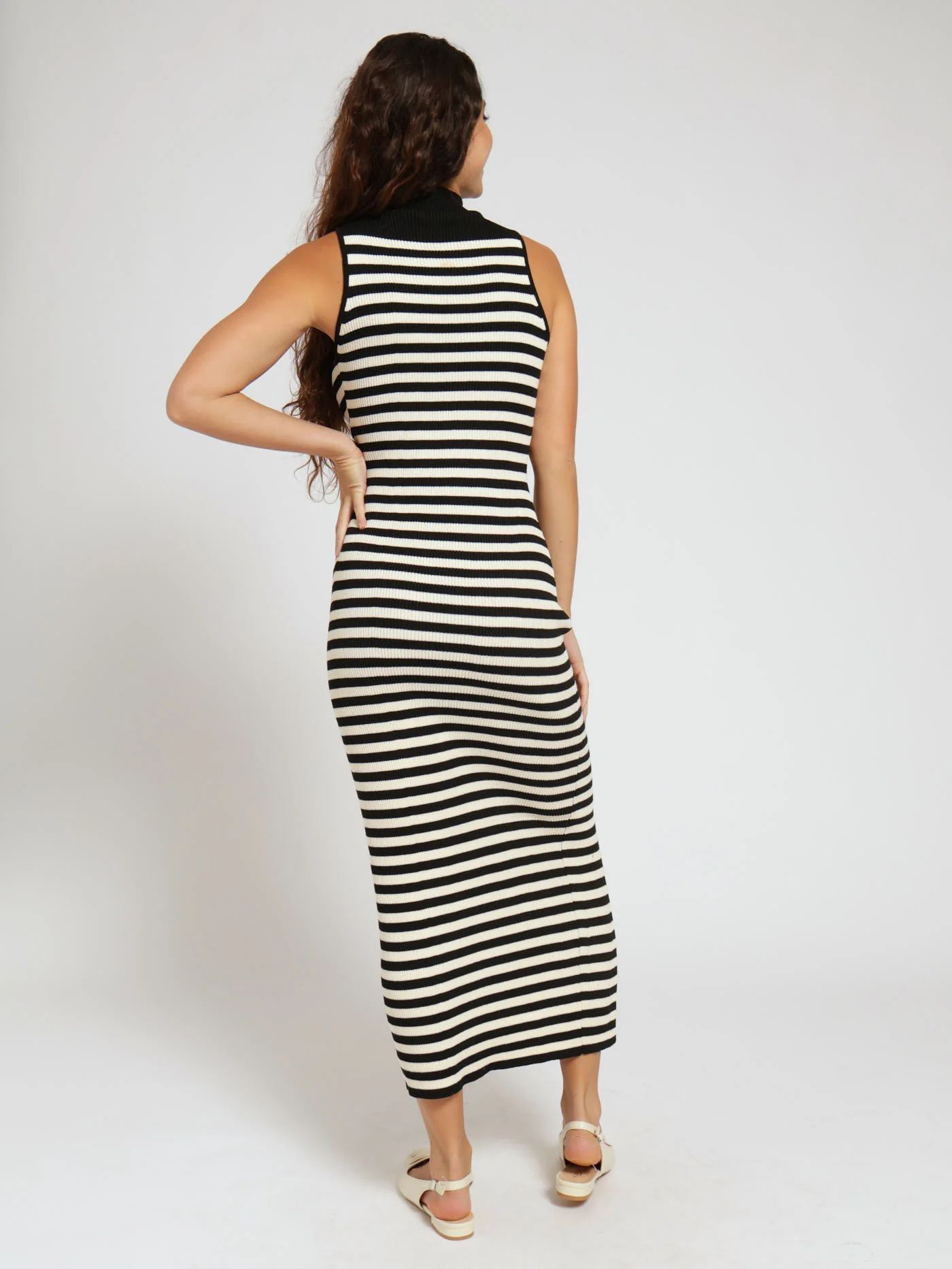 Turle Neck Stripe Knitwear Dress - Black/Cream - Image 4