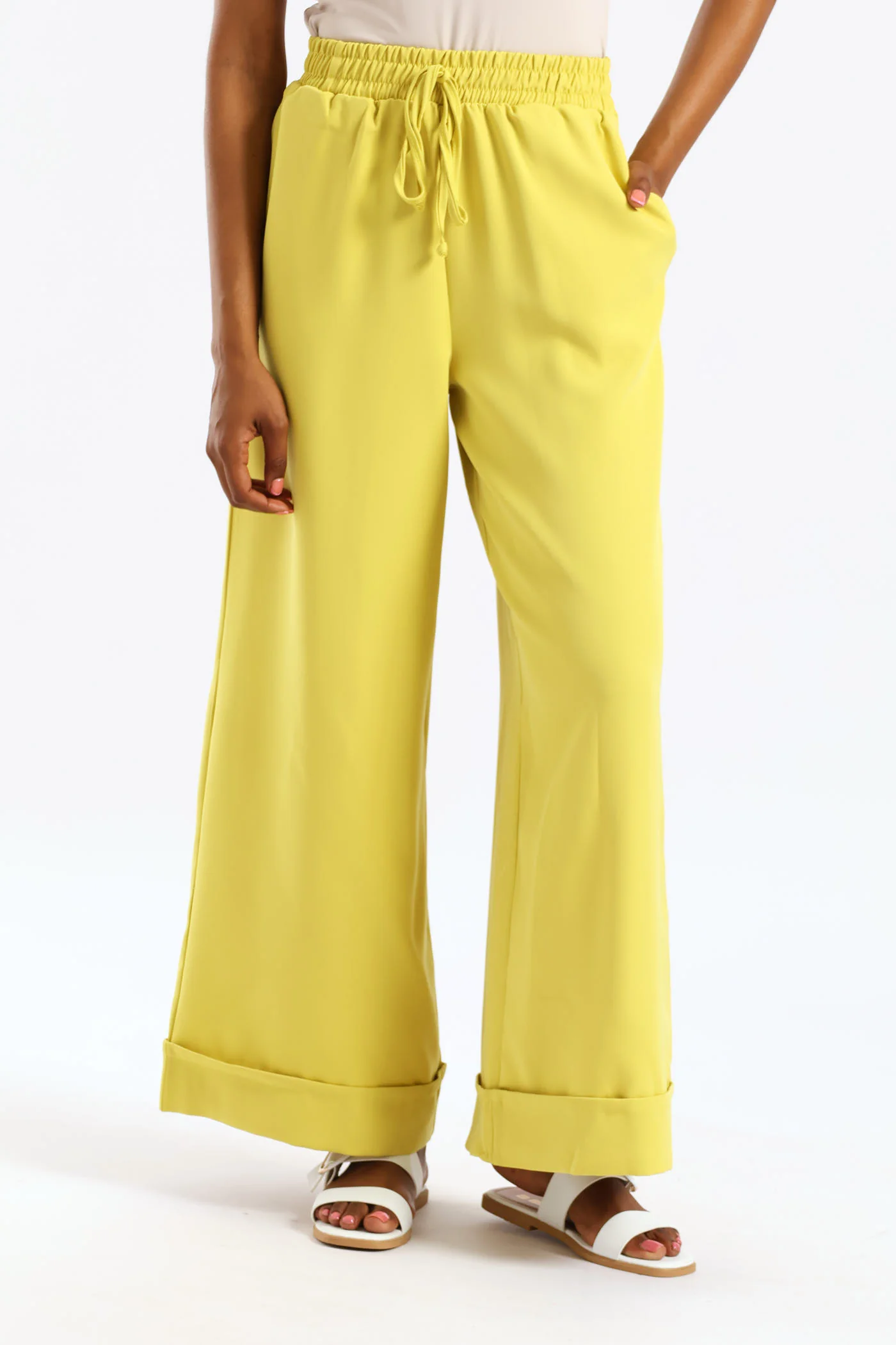 Turn Up Hem Elastic Waist Pants - Chartreuse