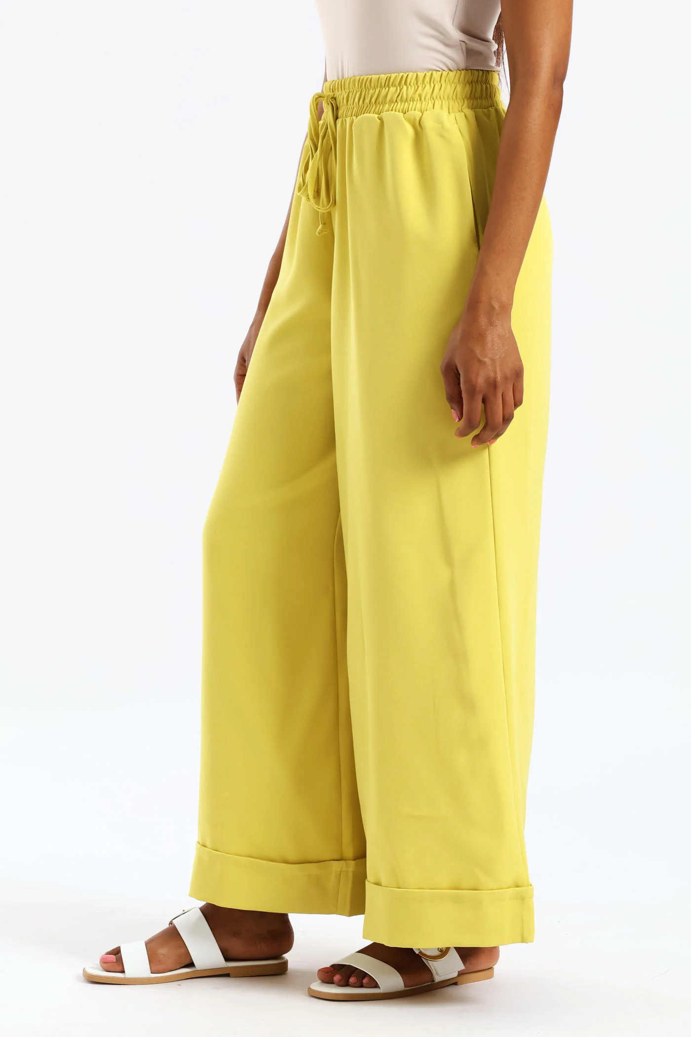 Turn Up Hem Elastic Waist Pants - Chartreuse - Image 3