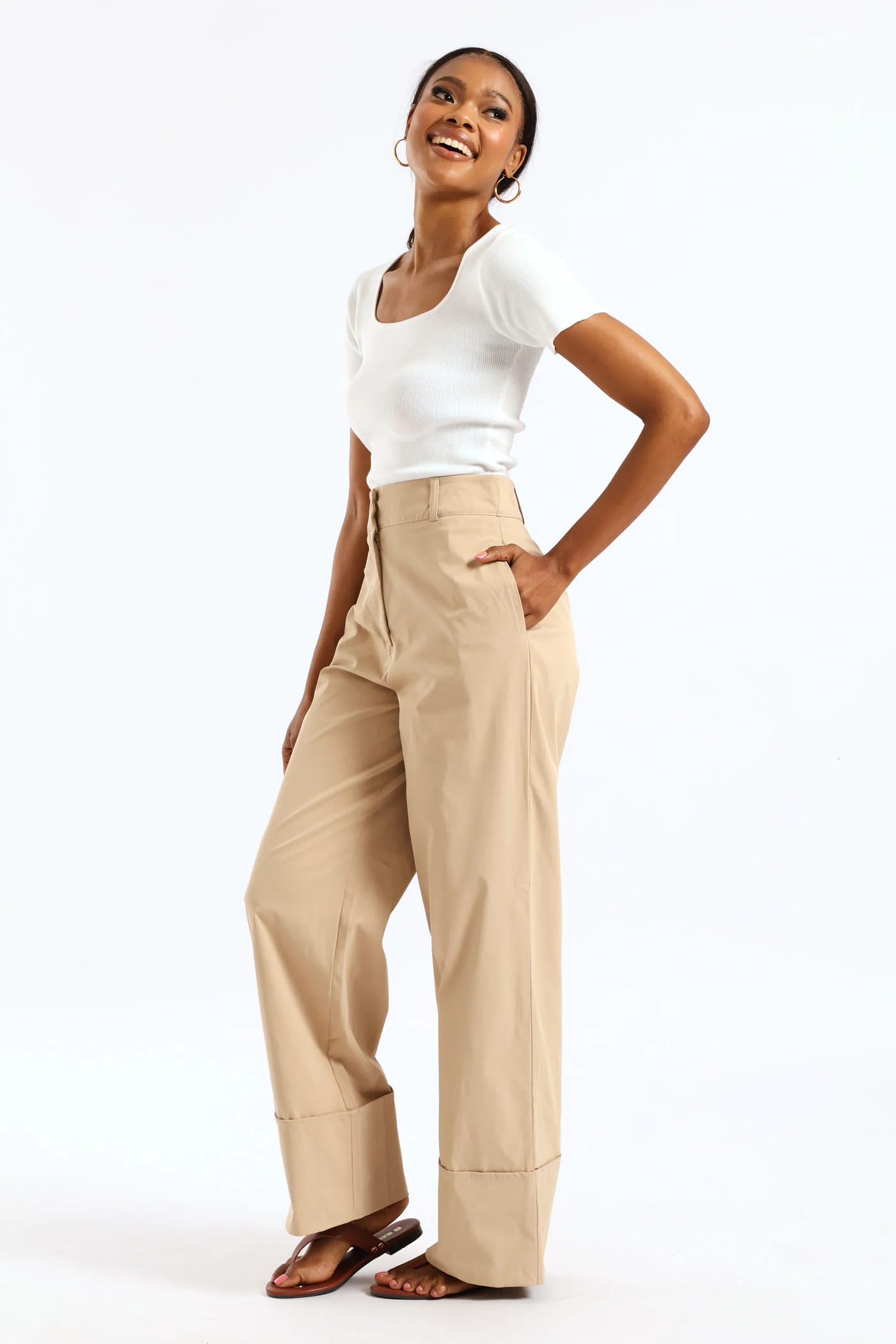 Turn Up Leg Twill Pants - Stone - Image 2