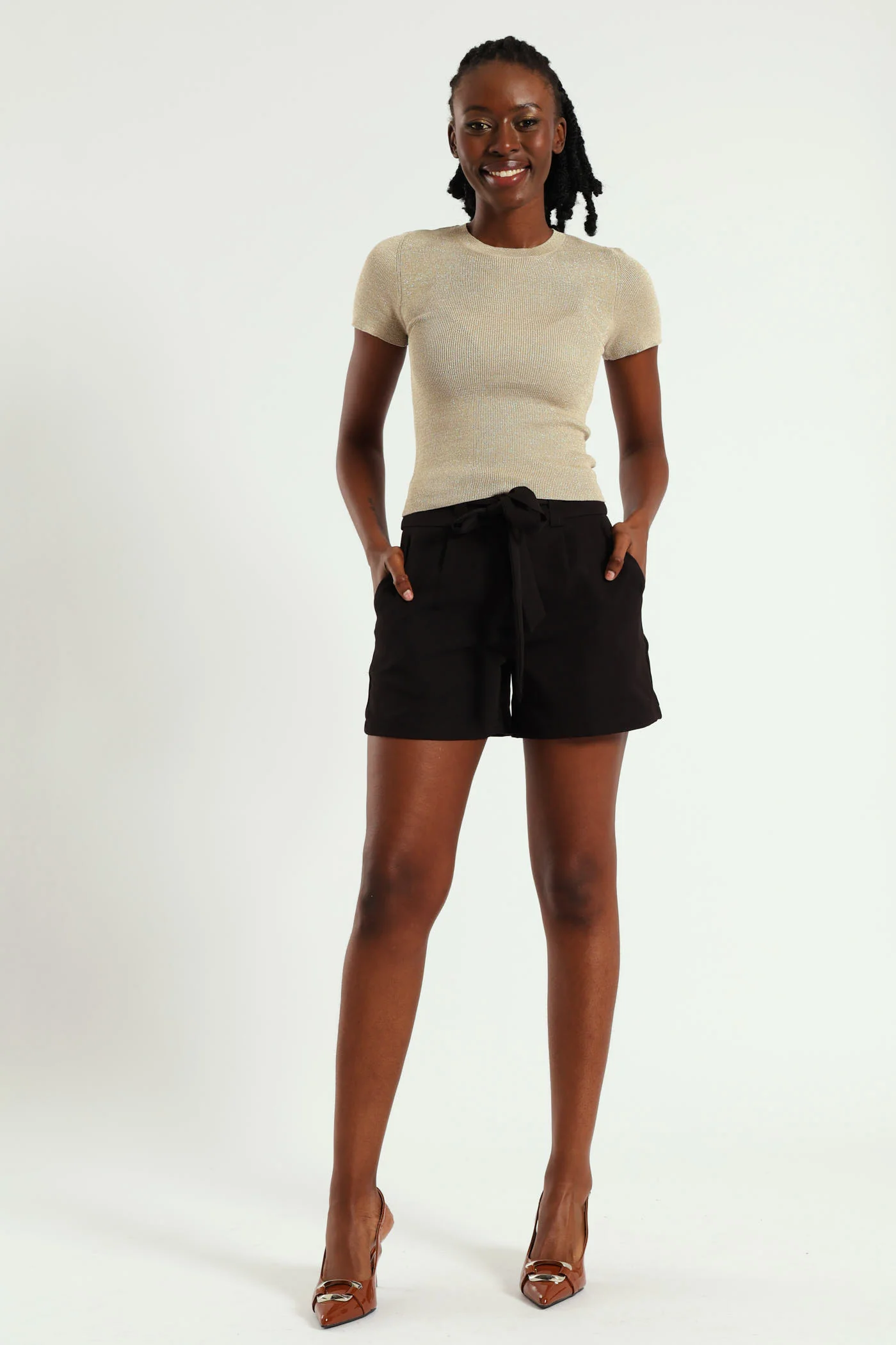 Turn Up Self Fabric Waist Tie Shorts - Black - Image 2