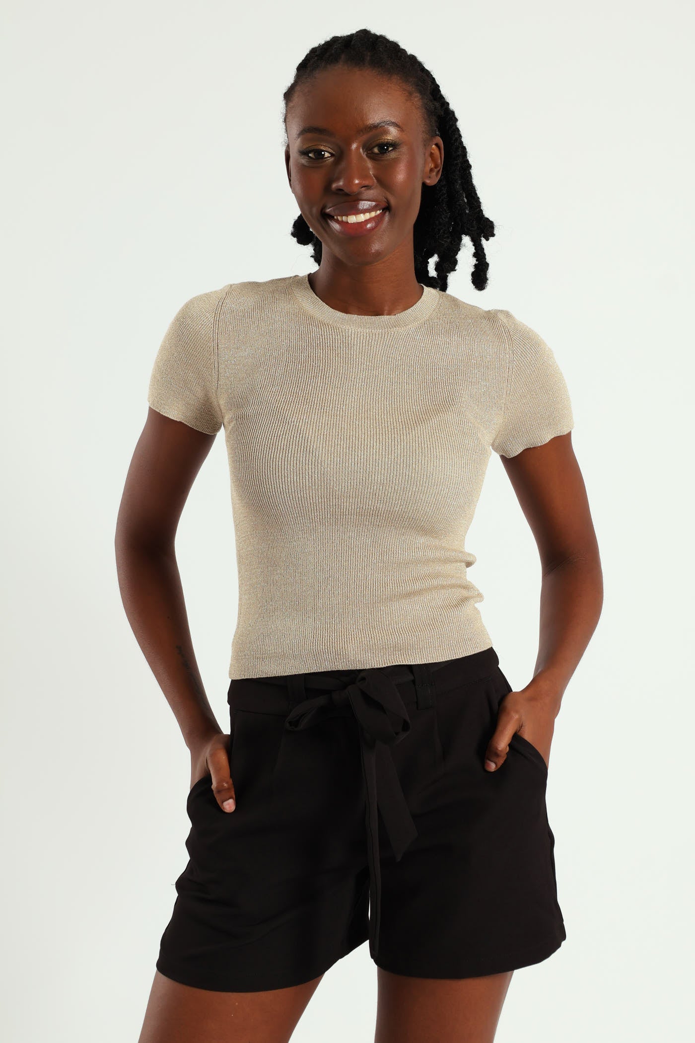 Turn Up Self Fabric Waist Tie Shorts - Black - Image 6