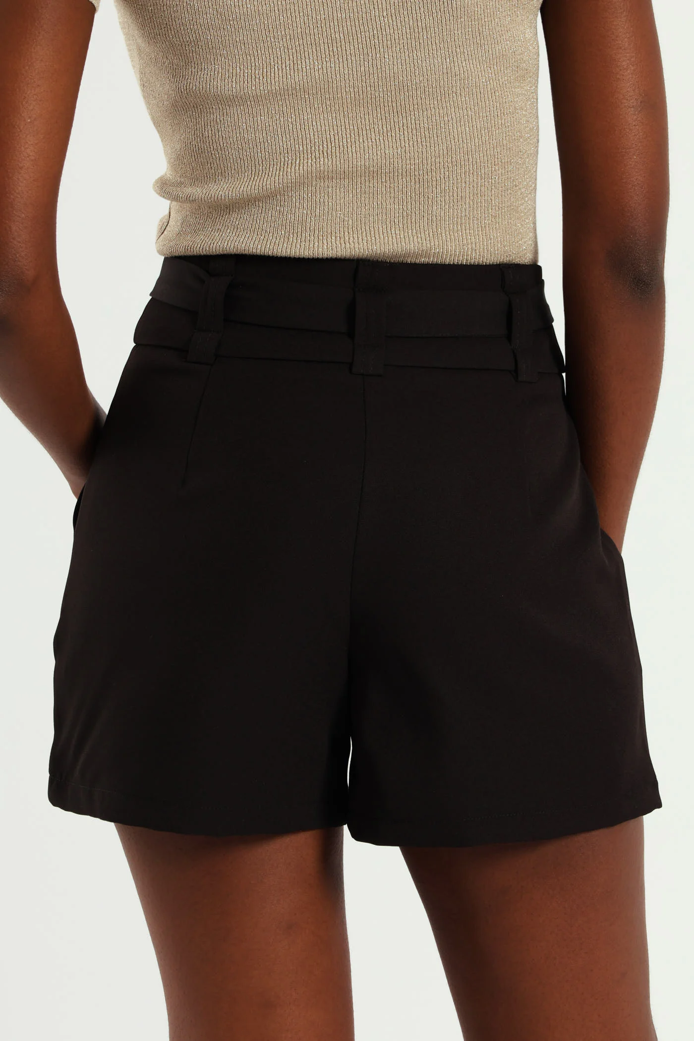 Turn Up Self Fabric Waist Tie Shorts - Black - Image 7