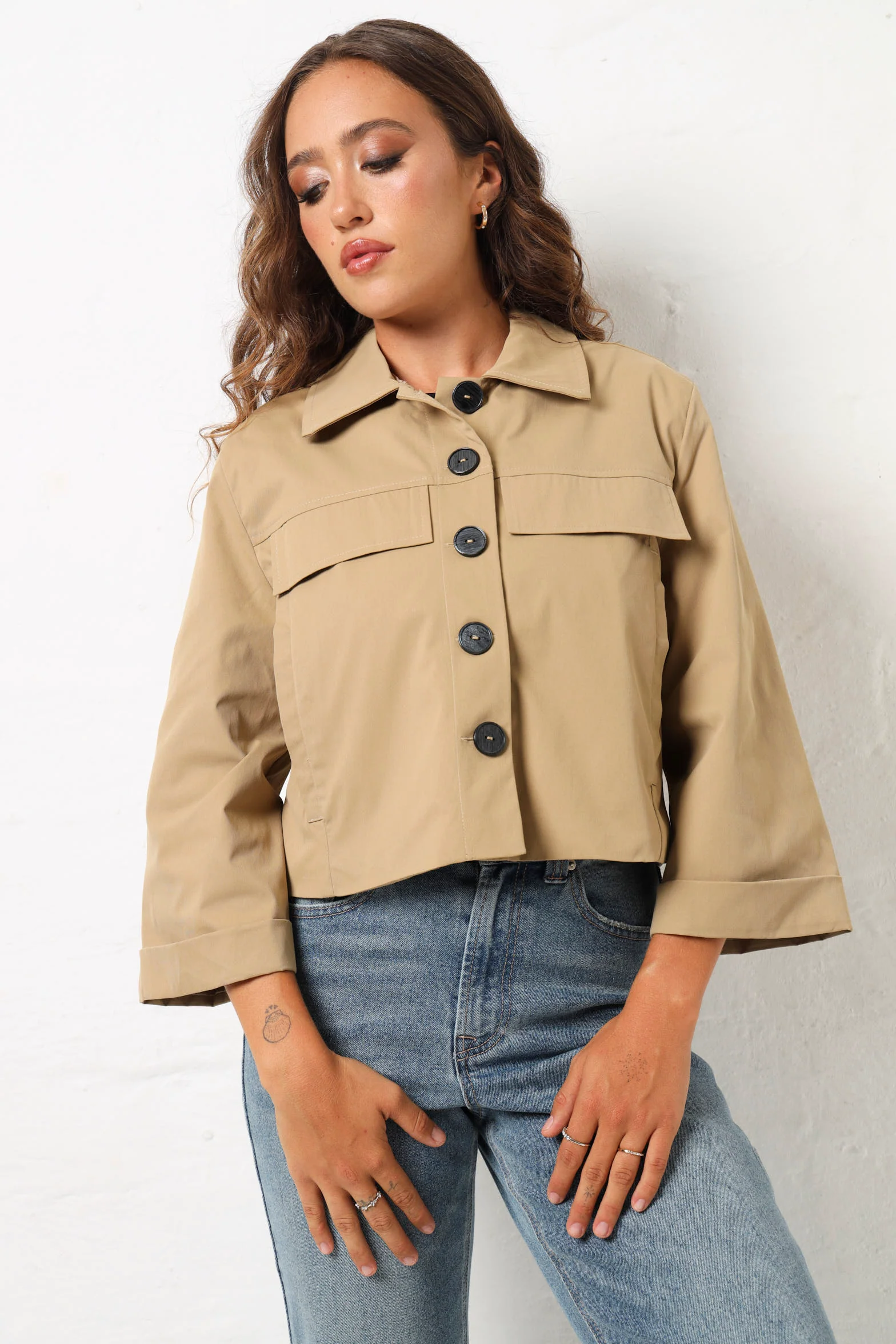 Turn Up Sleeve Utility Jacket - Stone - Image 4