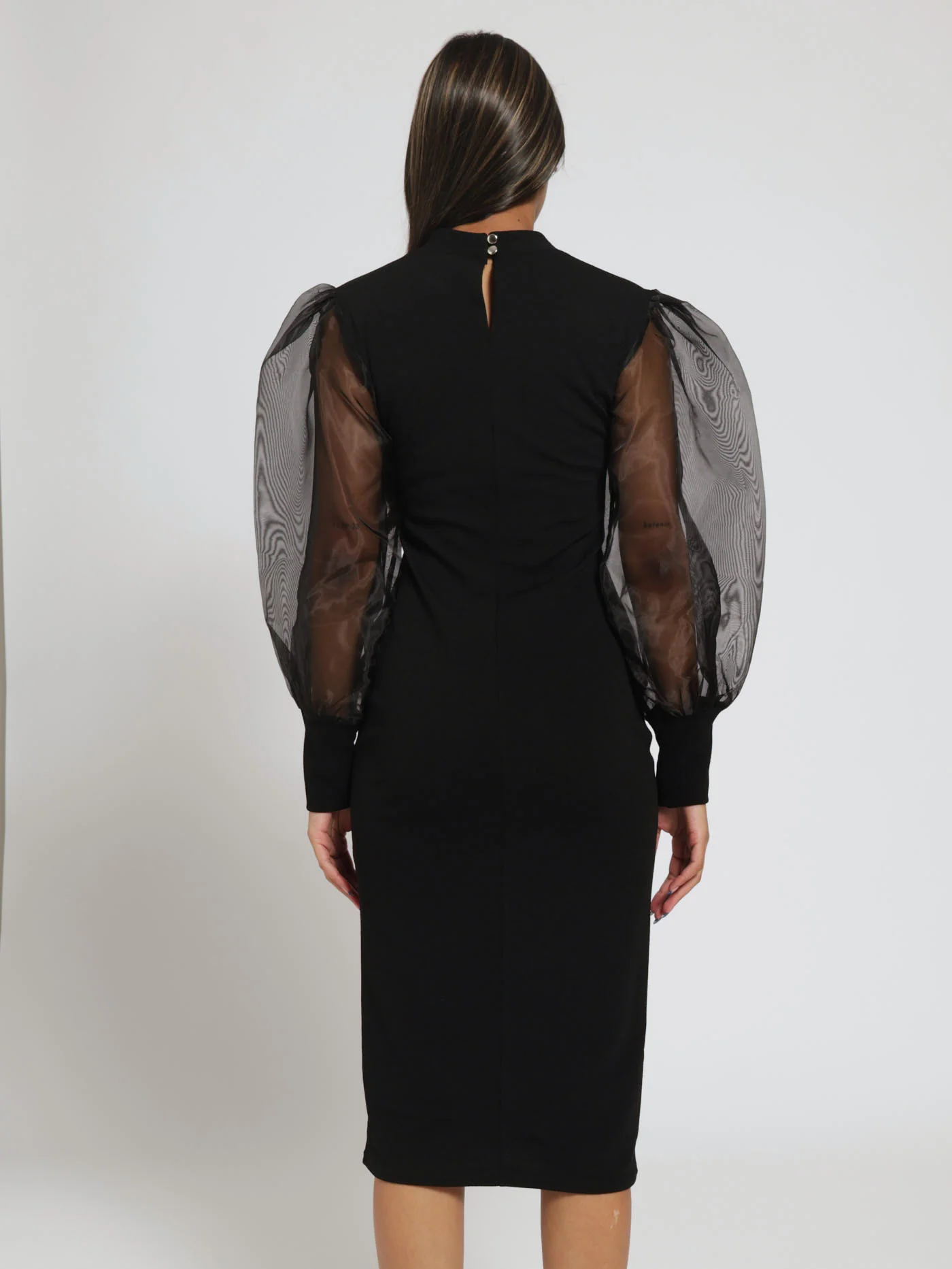 Turtle Neck Bodycon Organza Sleeve Dress - Black - Image 4