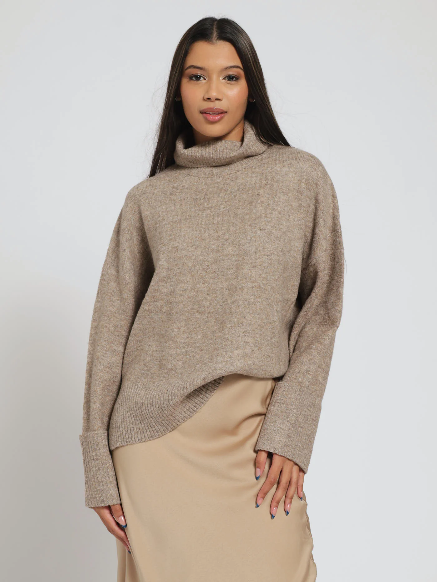 Turtle Neck Melange Pullover - Brown - Image 2