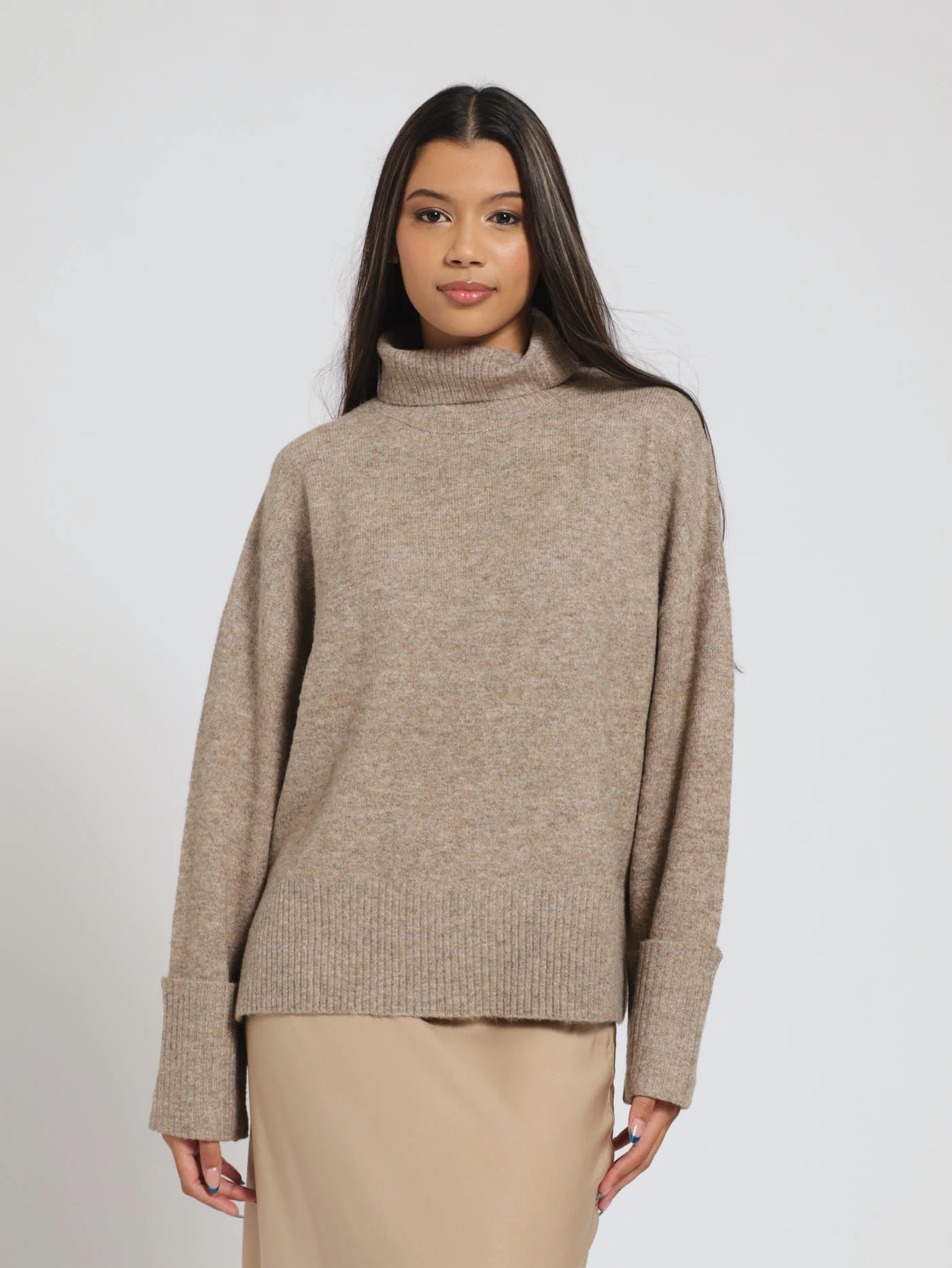 Turtle Neck Melange Pullover - Brown - Image 3