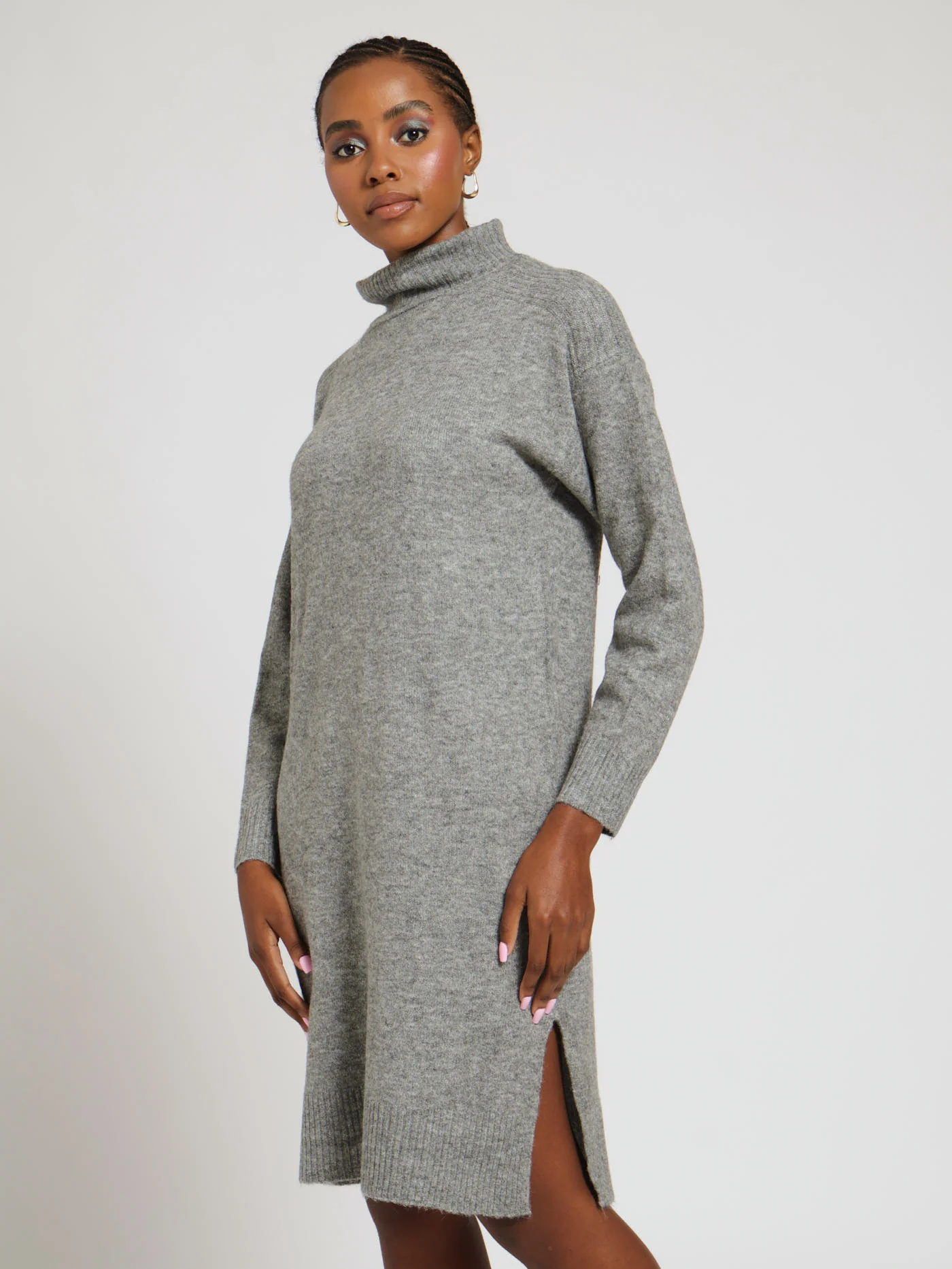 Turtle Neck Oversized Knitwear Dress - Grey Melange - Image 2