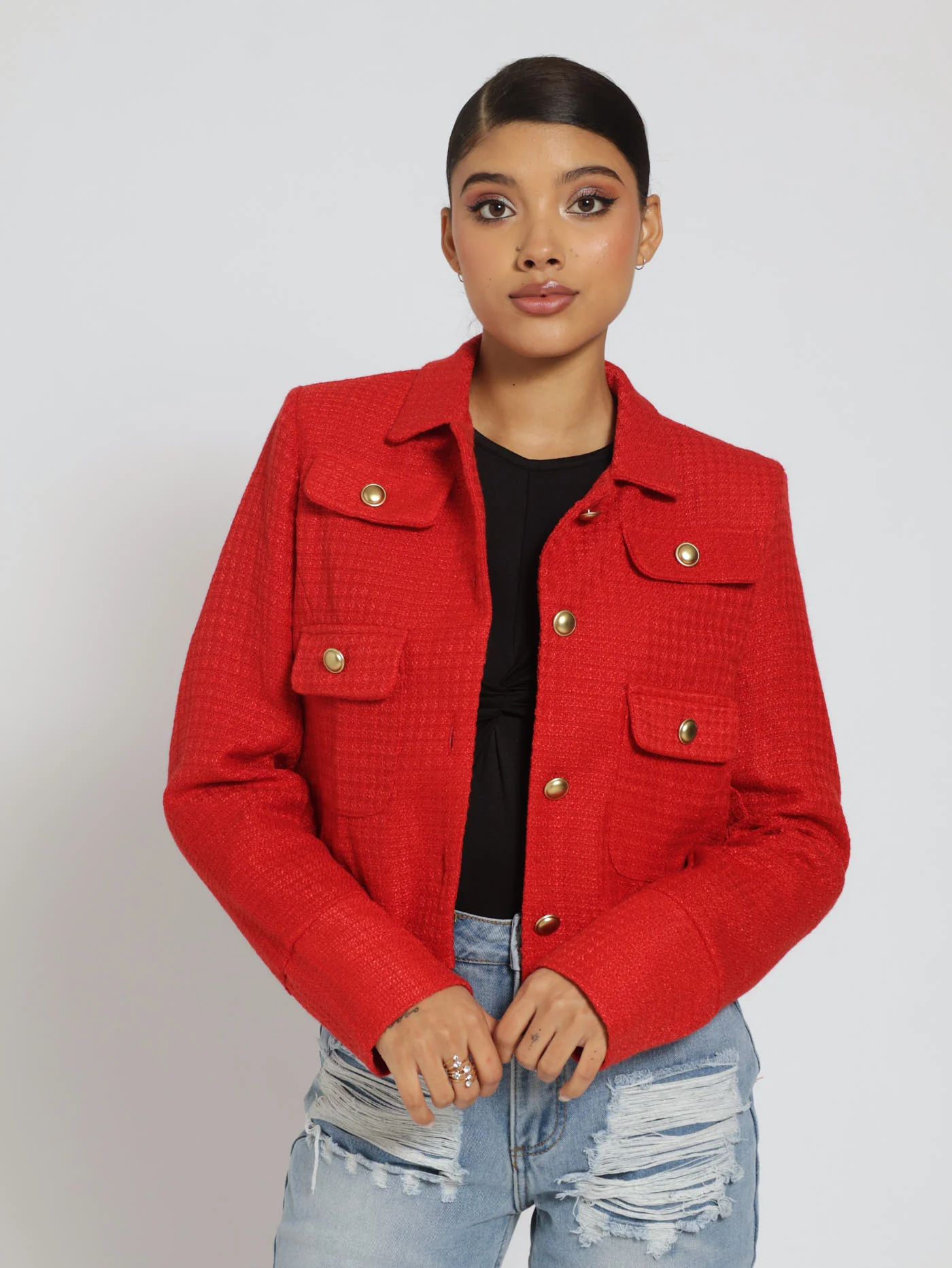 Tweed Cropped Button Detail Jacket - Red