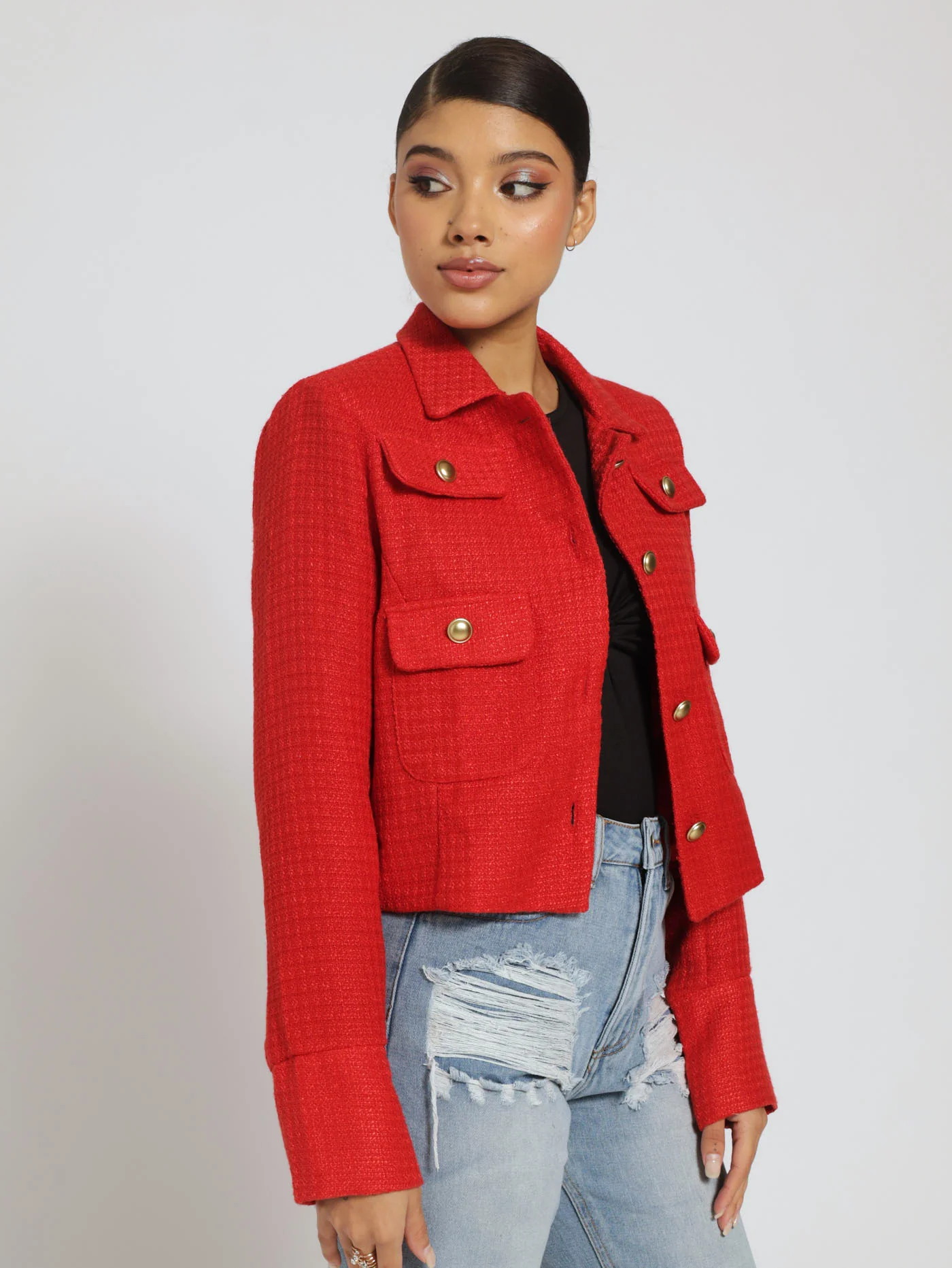 Tweed Cropped Button Detail Jacket - Red - Image 2
