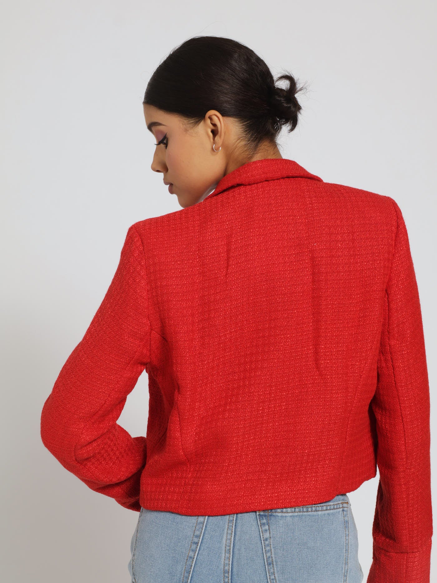 Tweed Cropped Button Detail Jacket - Red - Image 3