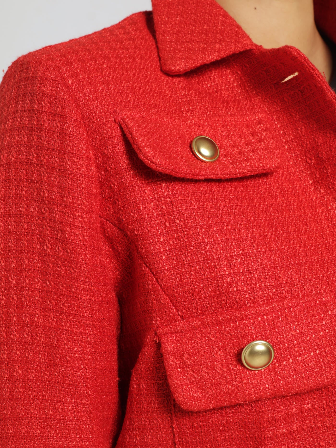 Tweed Cropped Button Detail Jacket - Red - Image 4