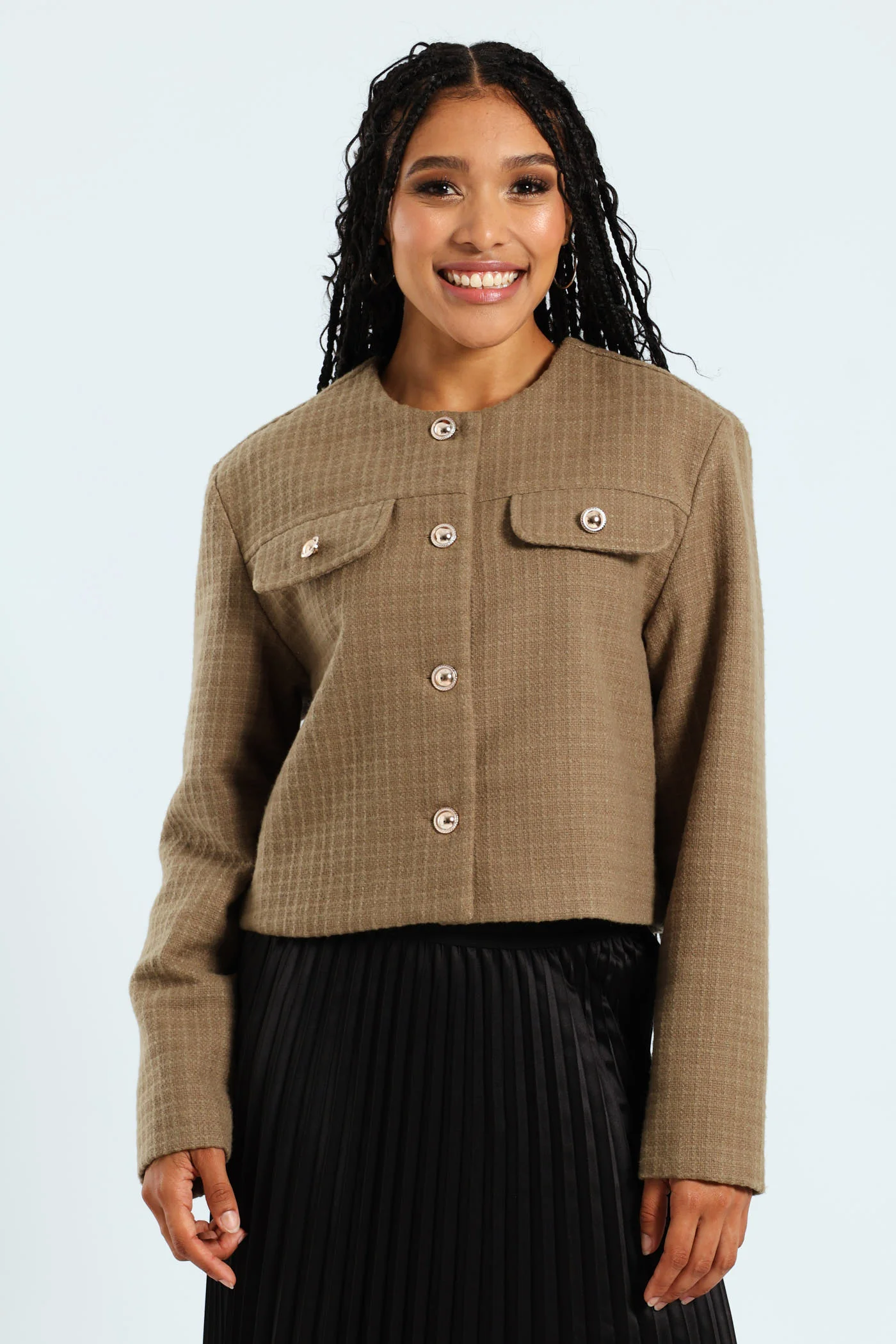 Tweed Cropped Jacket - Khaki