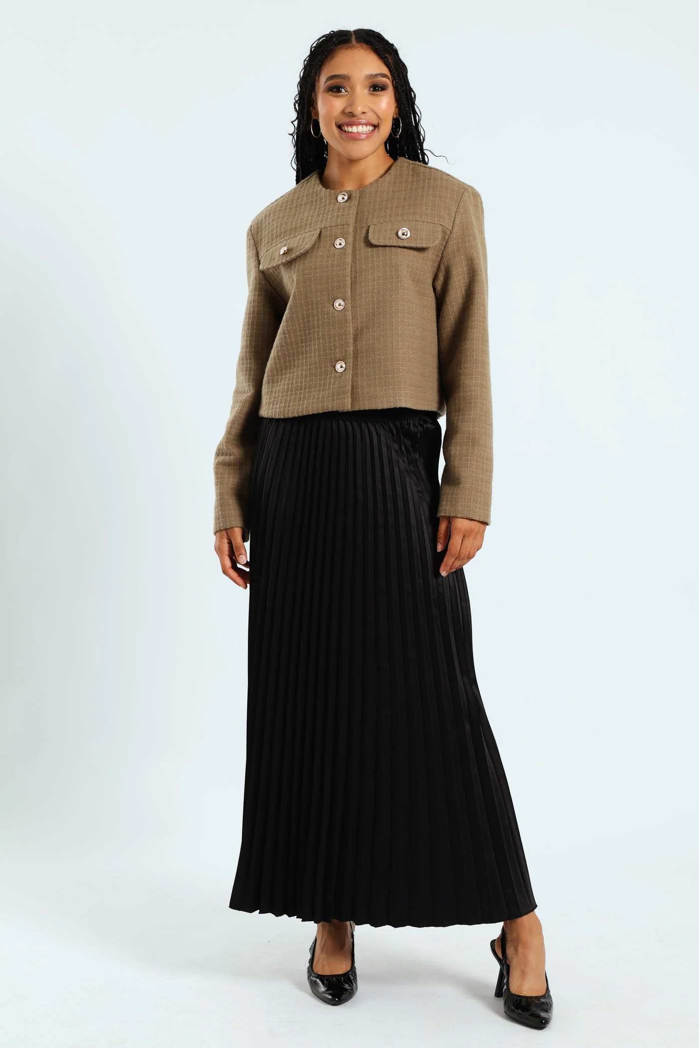 Tweed Cropped Jacket - Khaki - Image 2