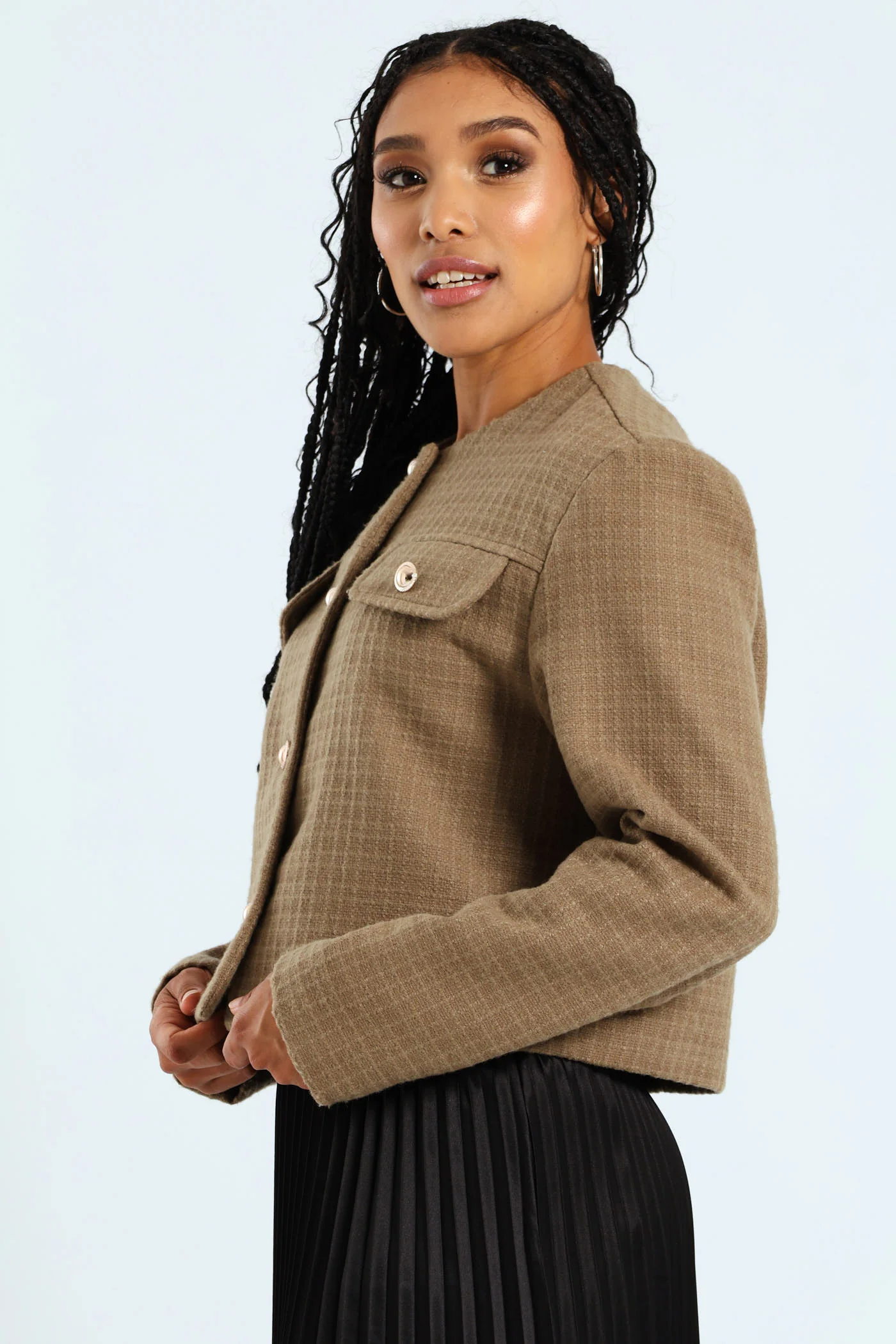 Tweed Cropped Jacket - Khaki - Image 3