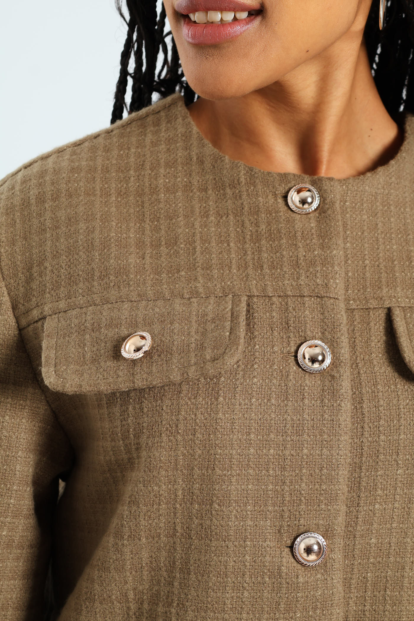 Tweed Cropped Jacket - Khaki - Image 4