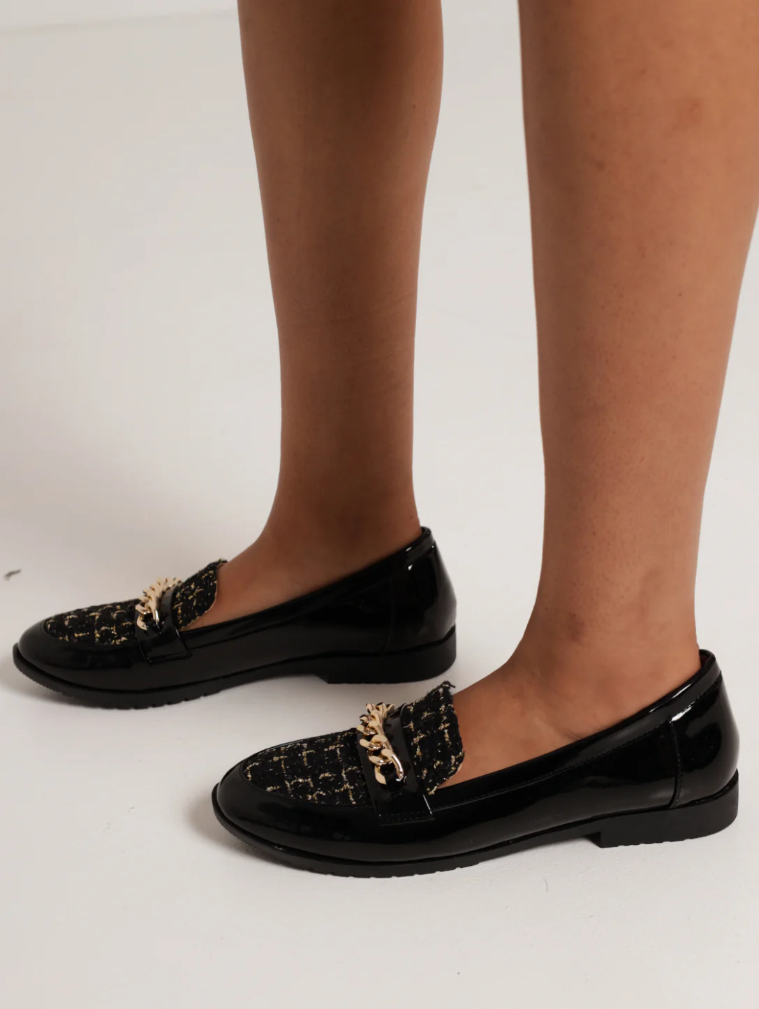 Tweed Loafer With Chain Detail - Black - Image 2