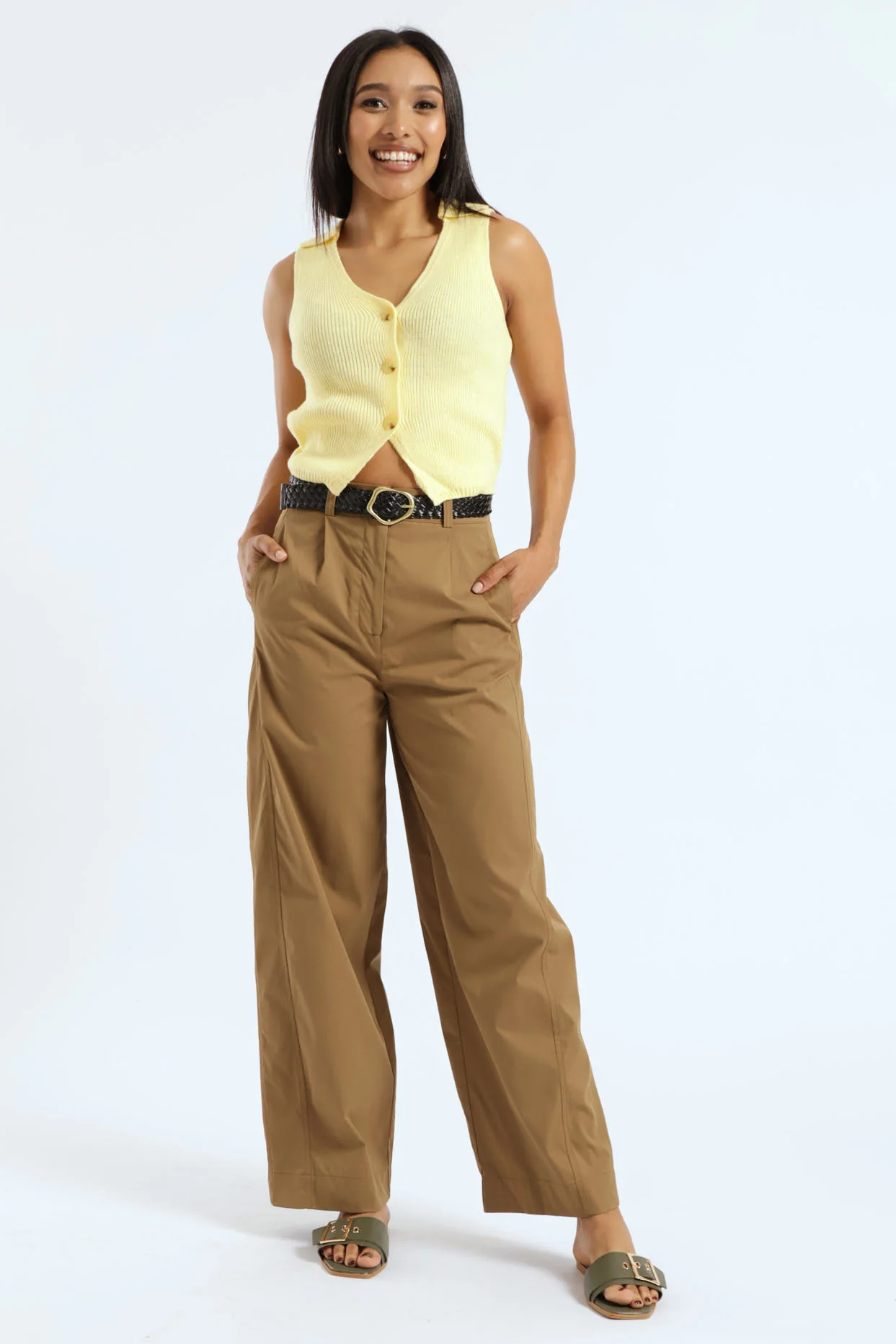 Twill Barrel Look Pants With Belt - Olive