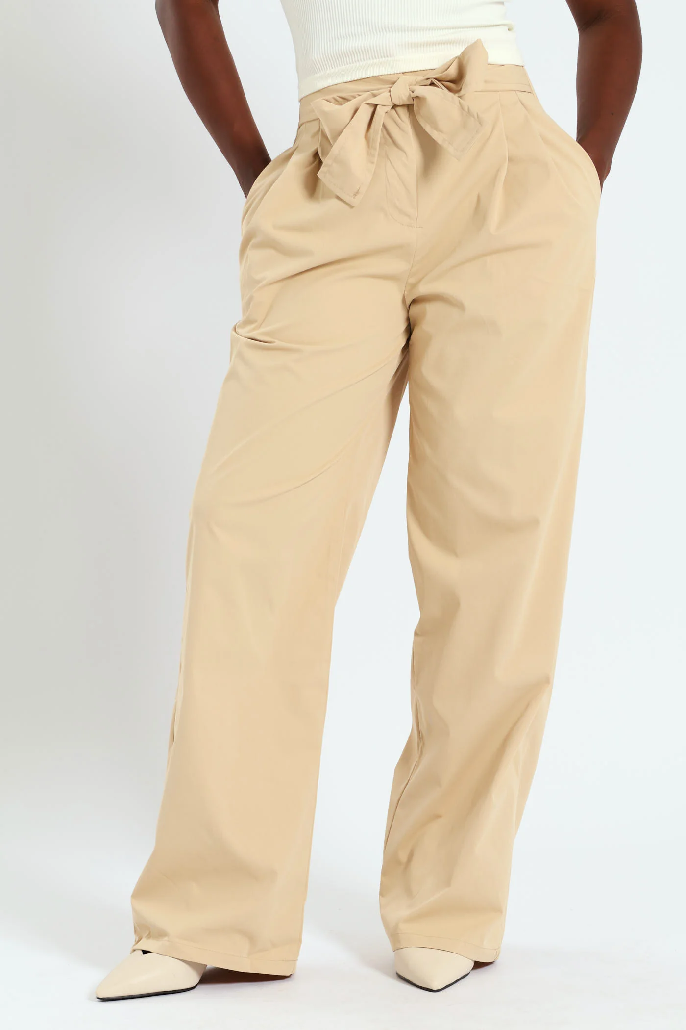 Twill Wideleg Pants With Self Tie Belt - Stone