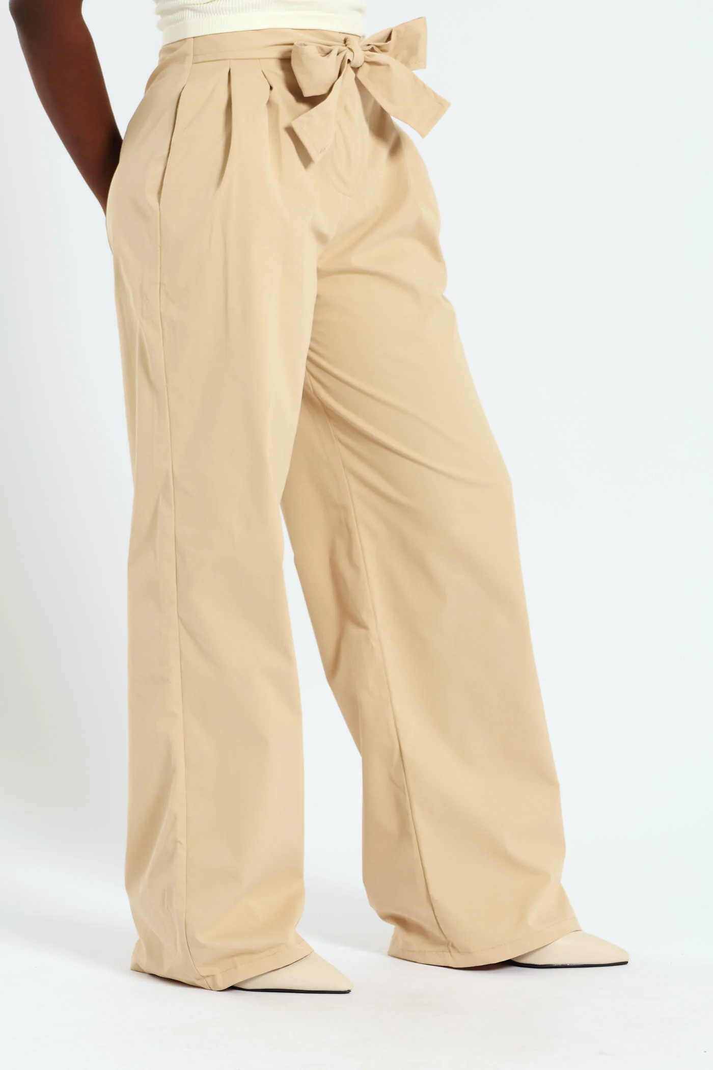 Twill Wideleg Pants With Self Tie Belt - Stone - Image 2