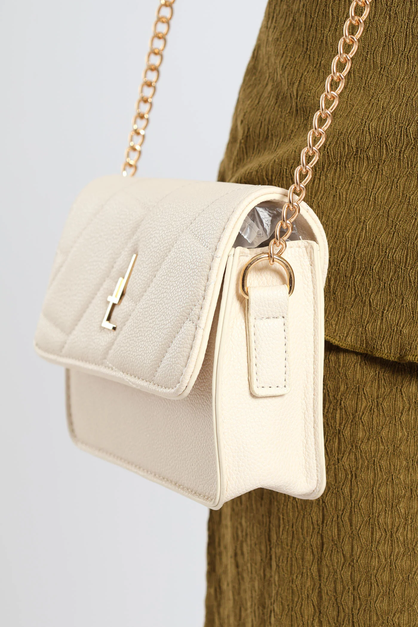 Updated Metal Logo Quilted Satchel Bag - Cream - Image 3