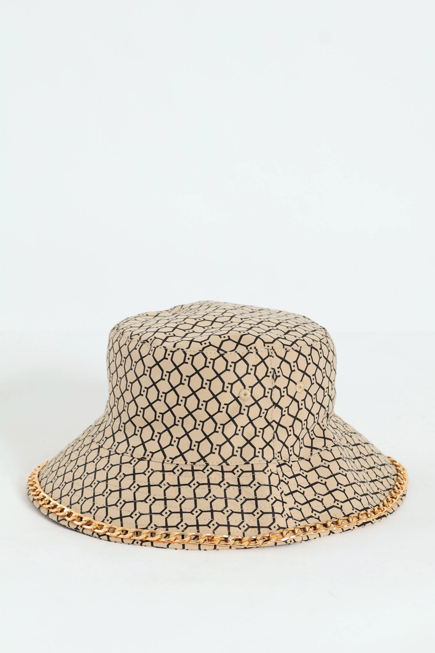 Updated Monogram Chain Detail Bucket Hat - Beige