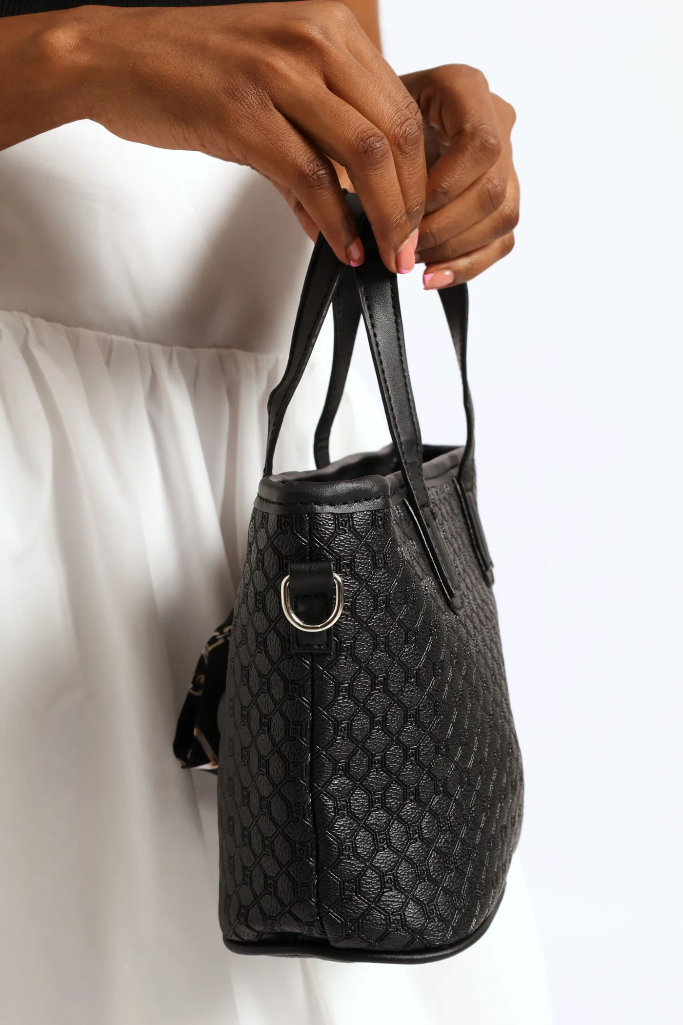 Updated Monogram Satin Scarf Bow Charm Tote Bag - Black/Silver - Image 4