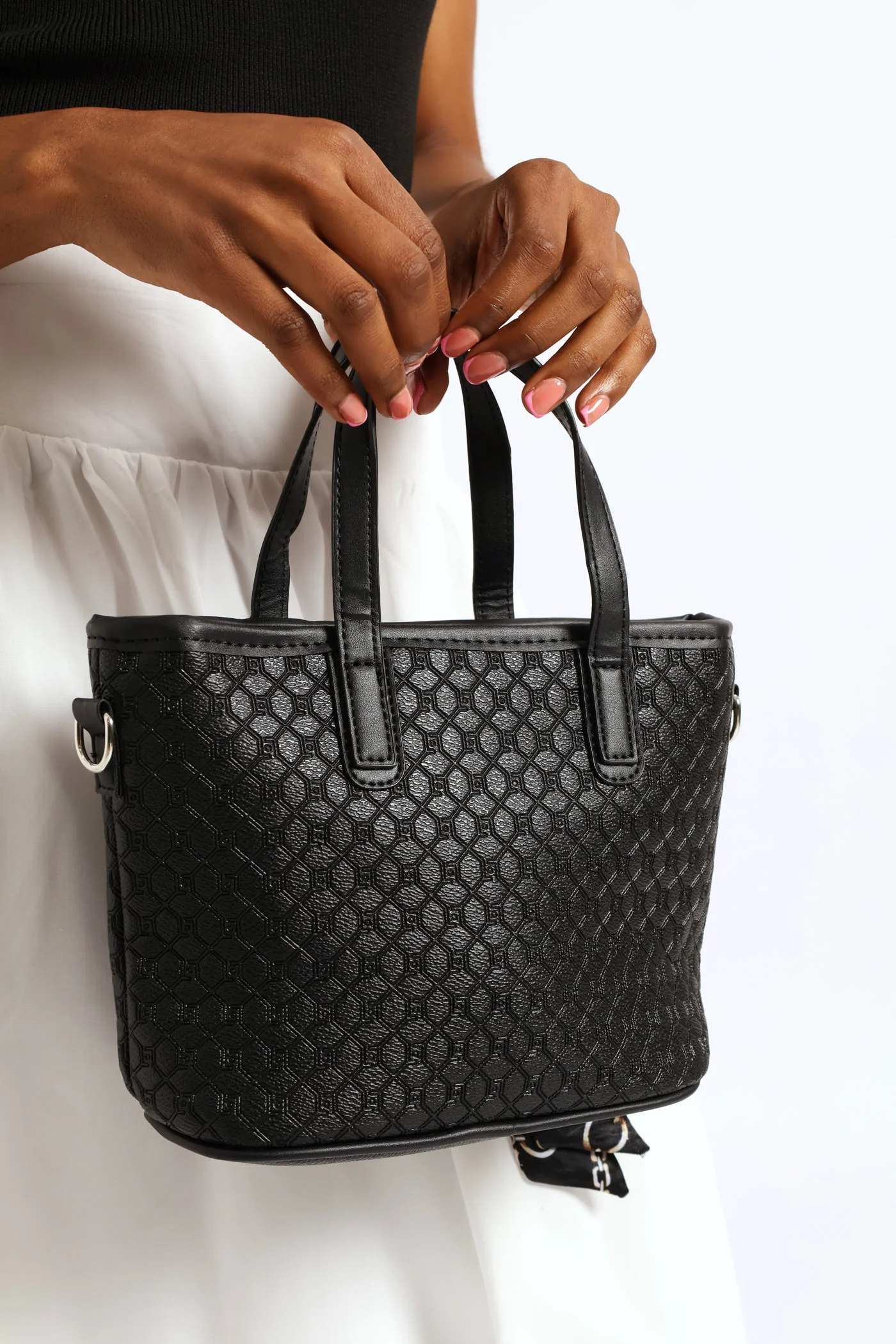 Updated Monogram Satin Scarf Bow Charm Tote Bag - Black/Silver - Image 5