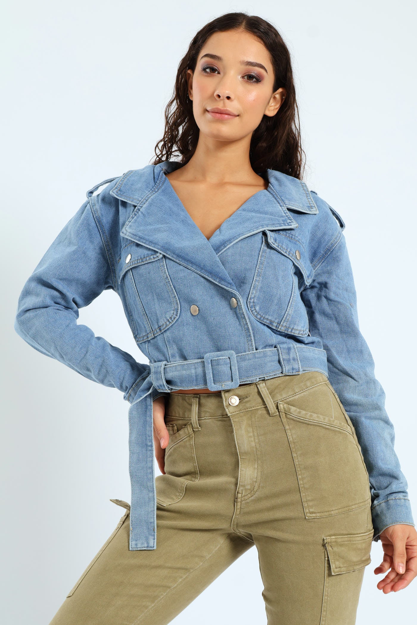 Utility Detail Denim Trench Coat - Mid Blue