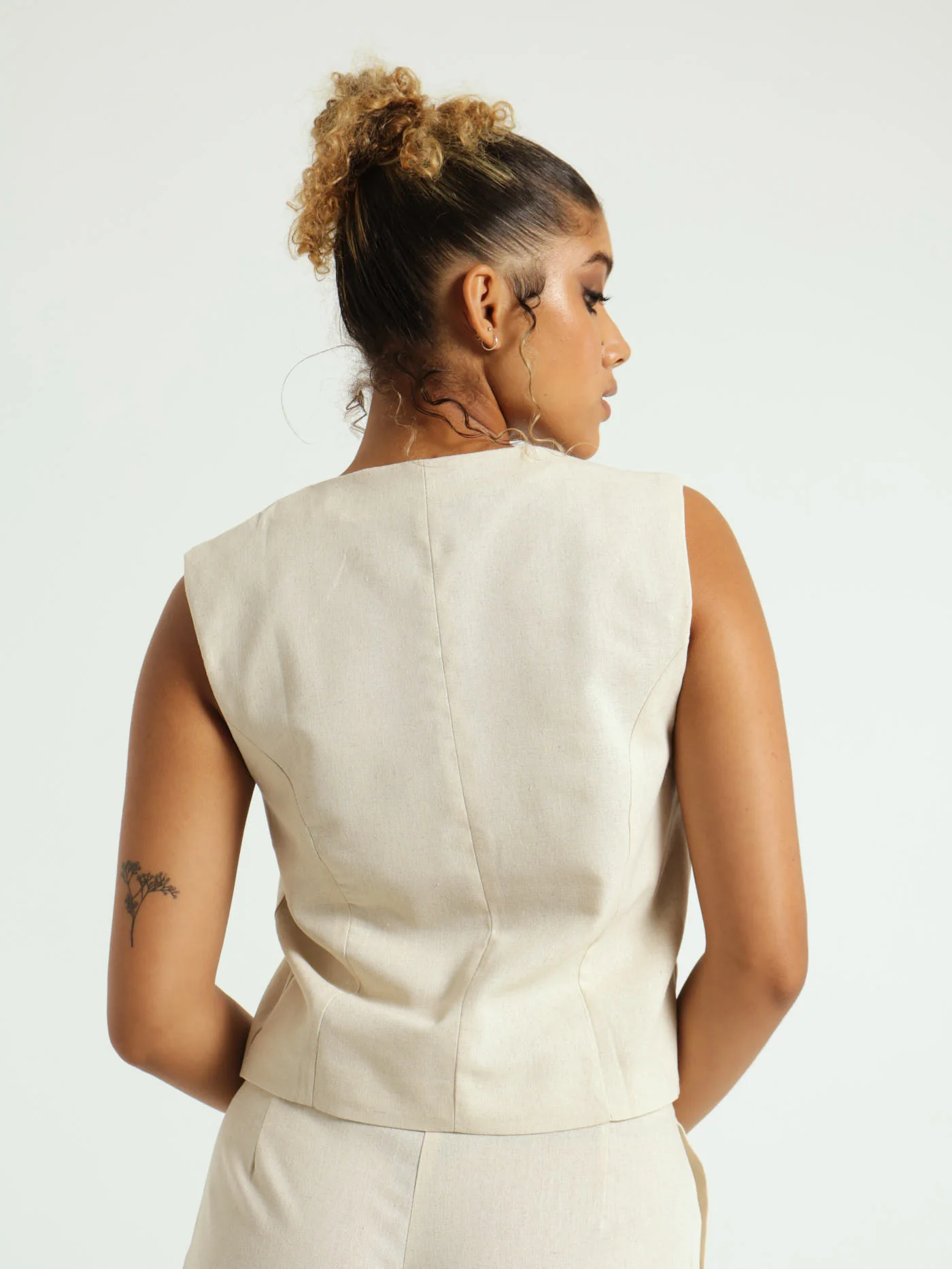 V-Neck Collarless Waistcoat - Oatmeal - Image 3