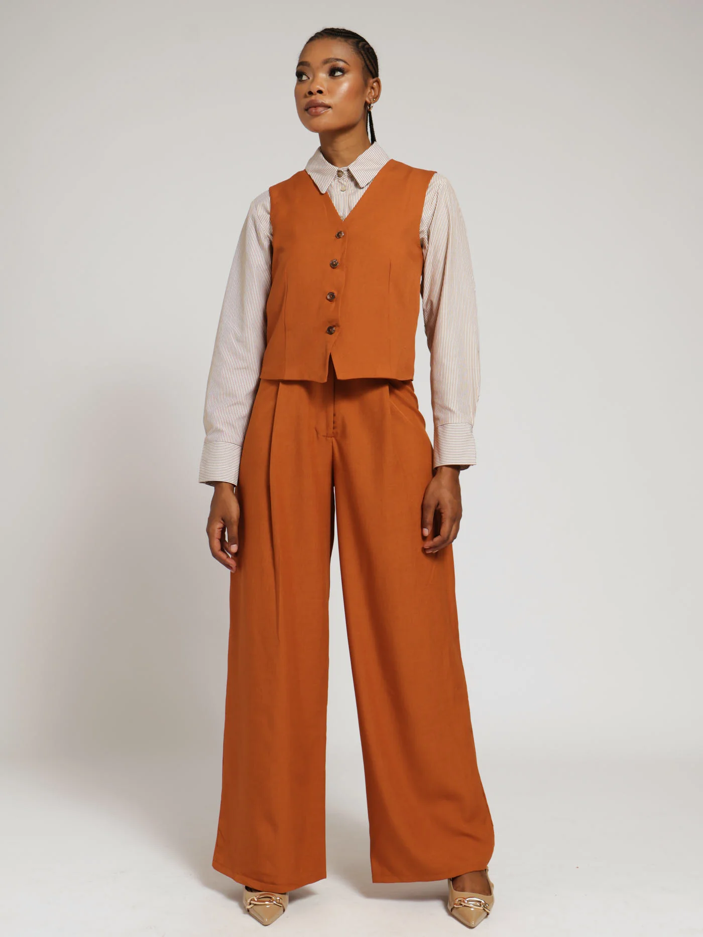 V-Neck Collarless Waistcoat - Rust - Image 2