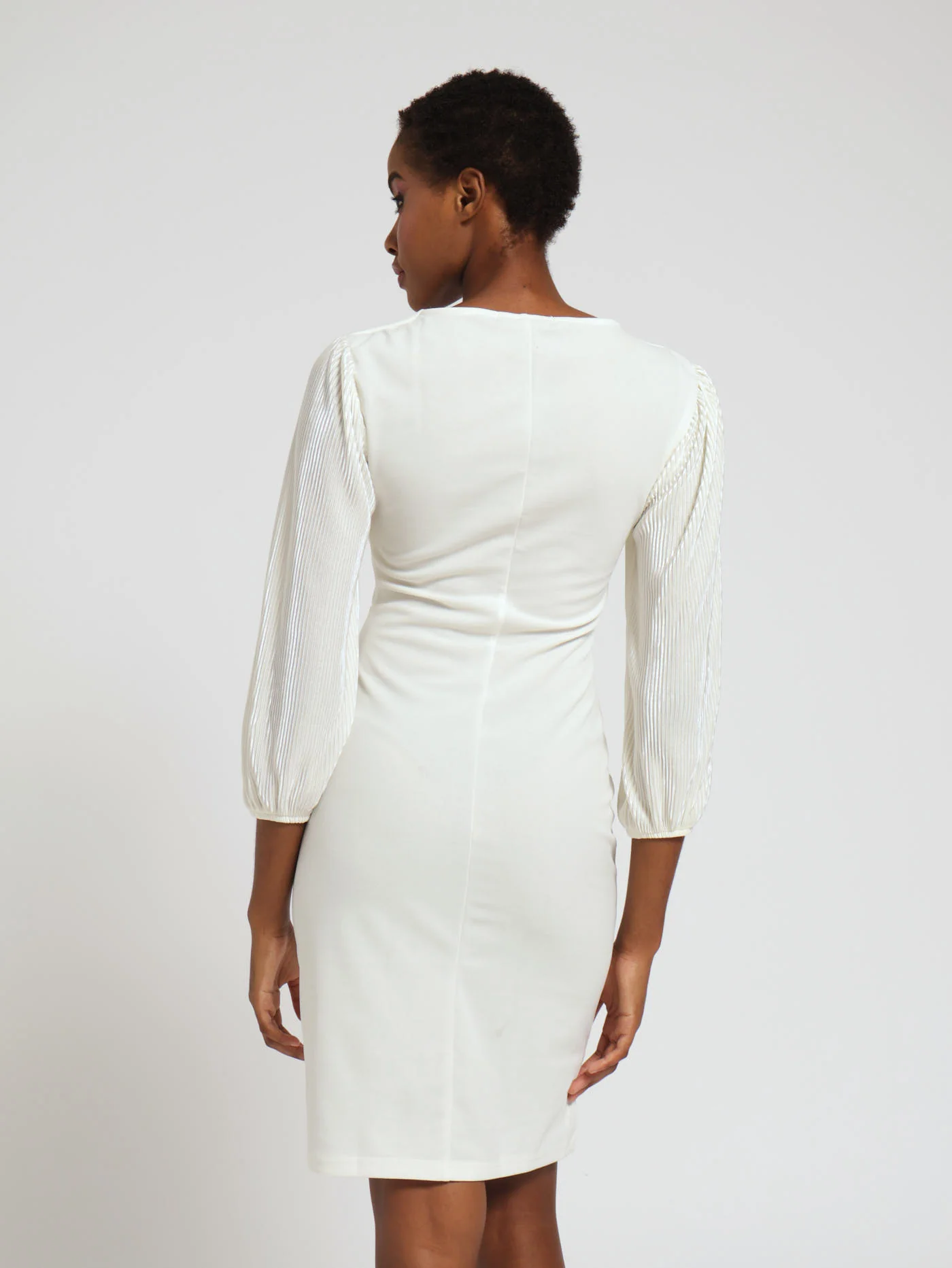V-Neck Combo Bodre Sleeve Dress - Cream - Image 3