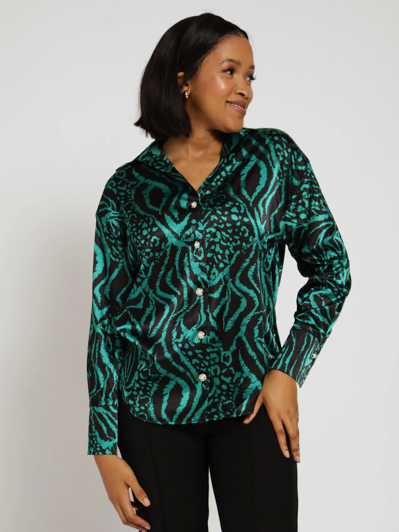 V-Neck Satin Shirt - Animal Print