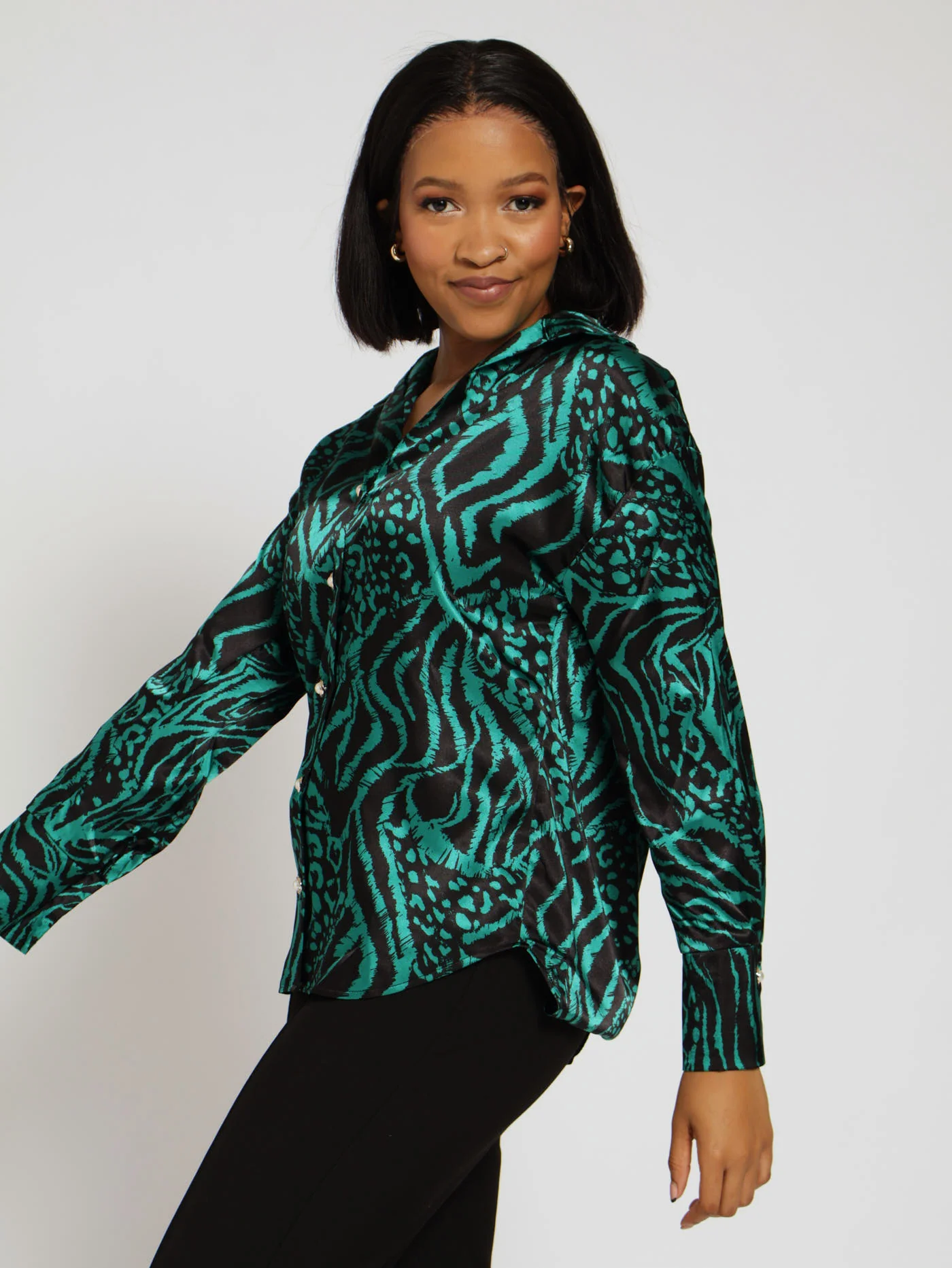 V-Neck Satin Shirt - Animal Print - Image 2