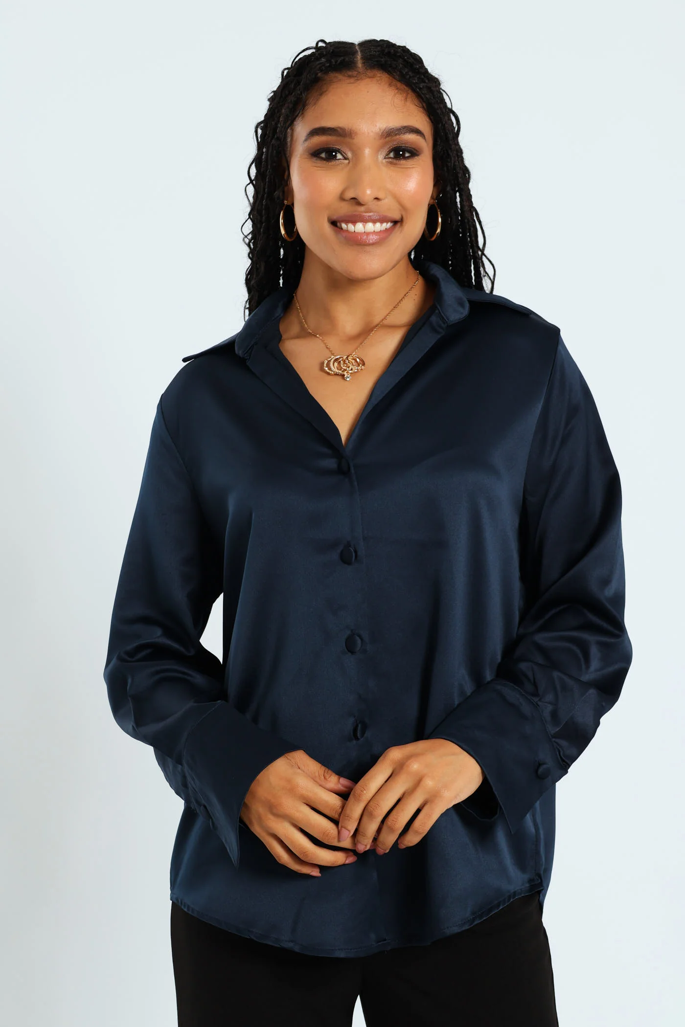 V-Neck Satin Shirt - Navy