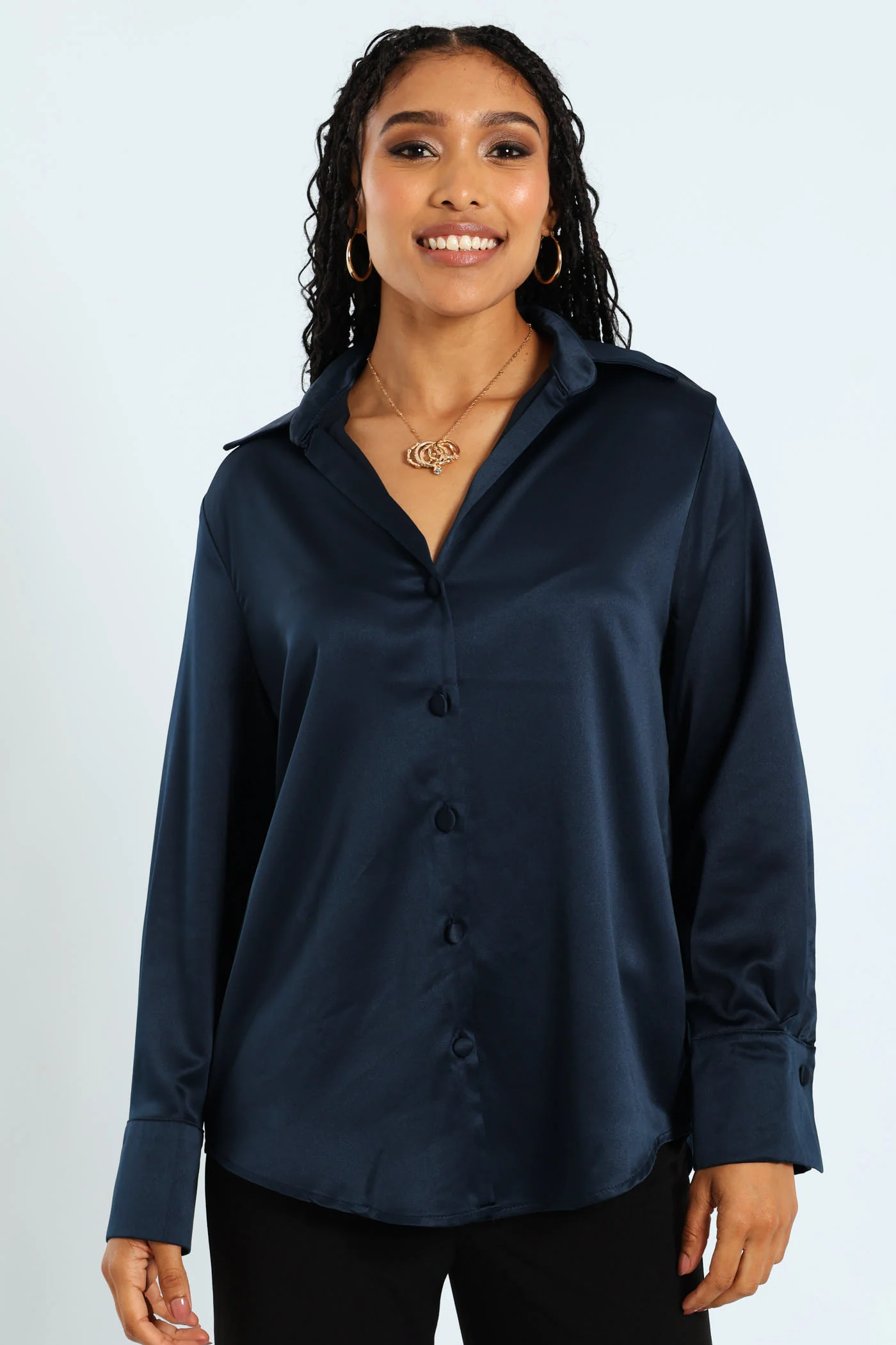 V-Neck Satin Shirt - Navy - Image 2
