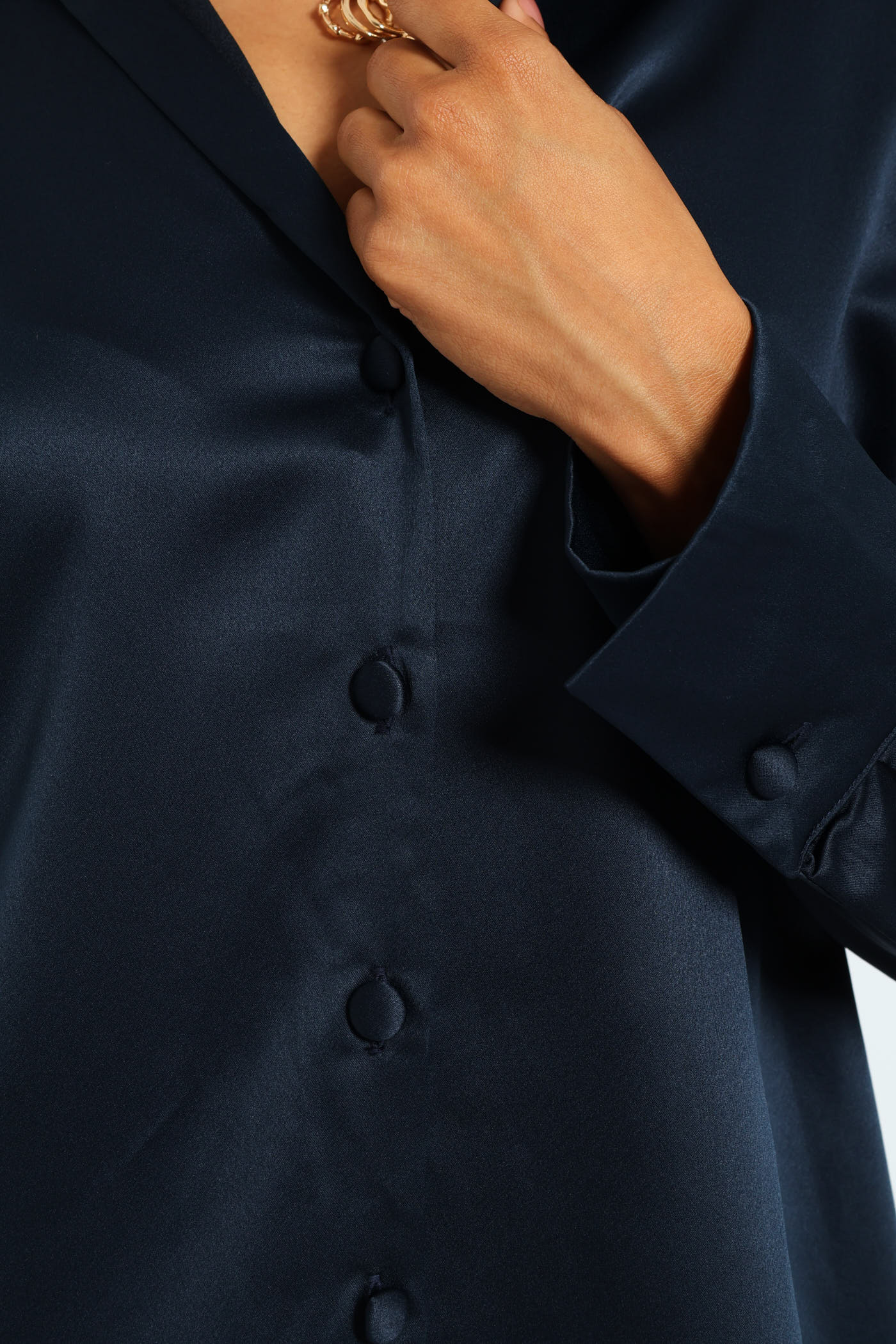 V-Neck Satin Shirt - Navy - Image 5