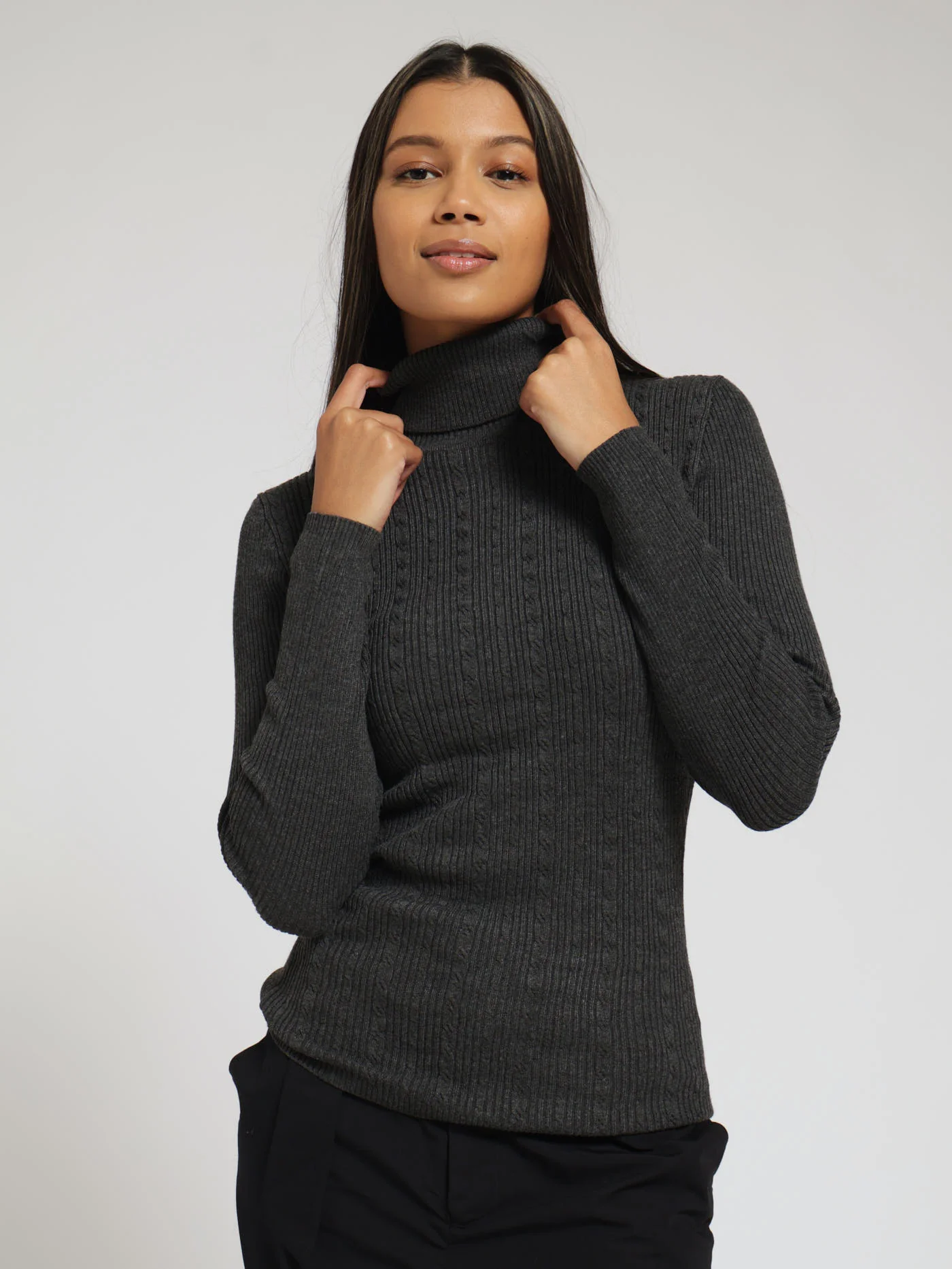 Variegated Cable Core Polo Neck - Charcoal