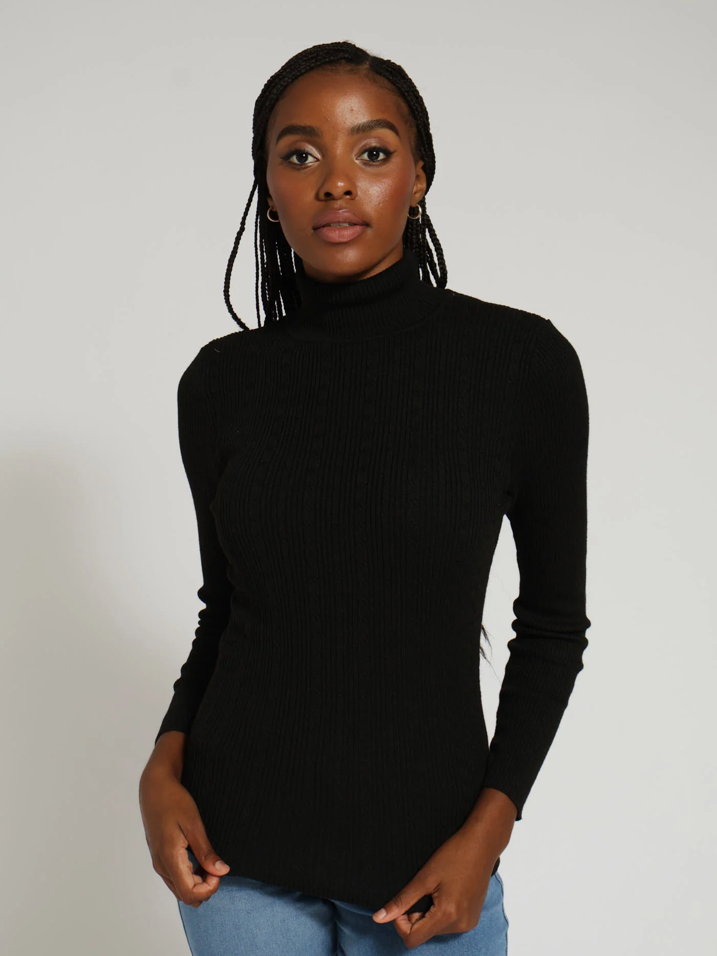 Variegated Cable Core Polo Neck Top - Black