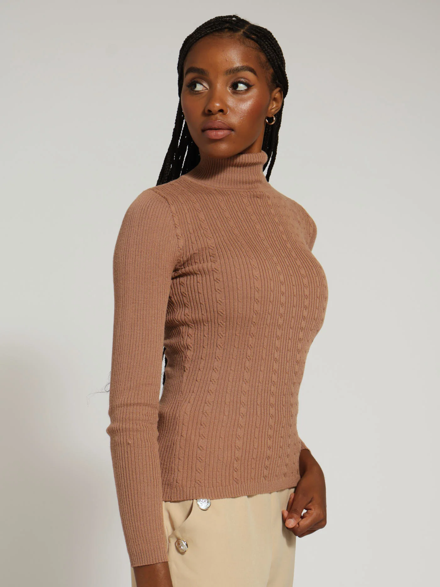 Variegated Cable Core Poloneck Knitwear - Caramel - Image 2