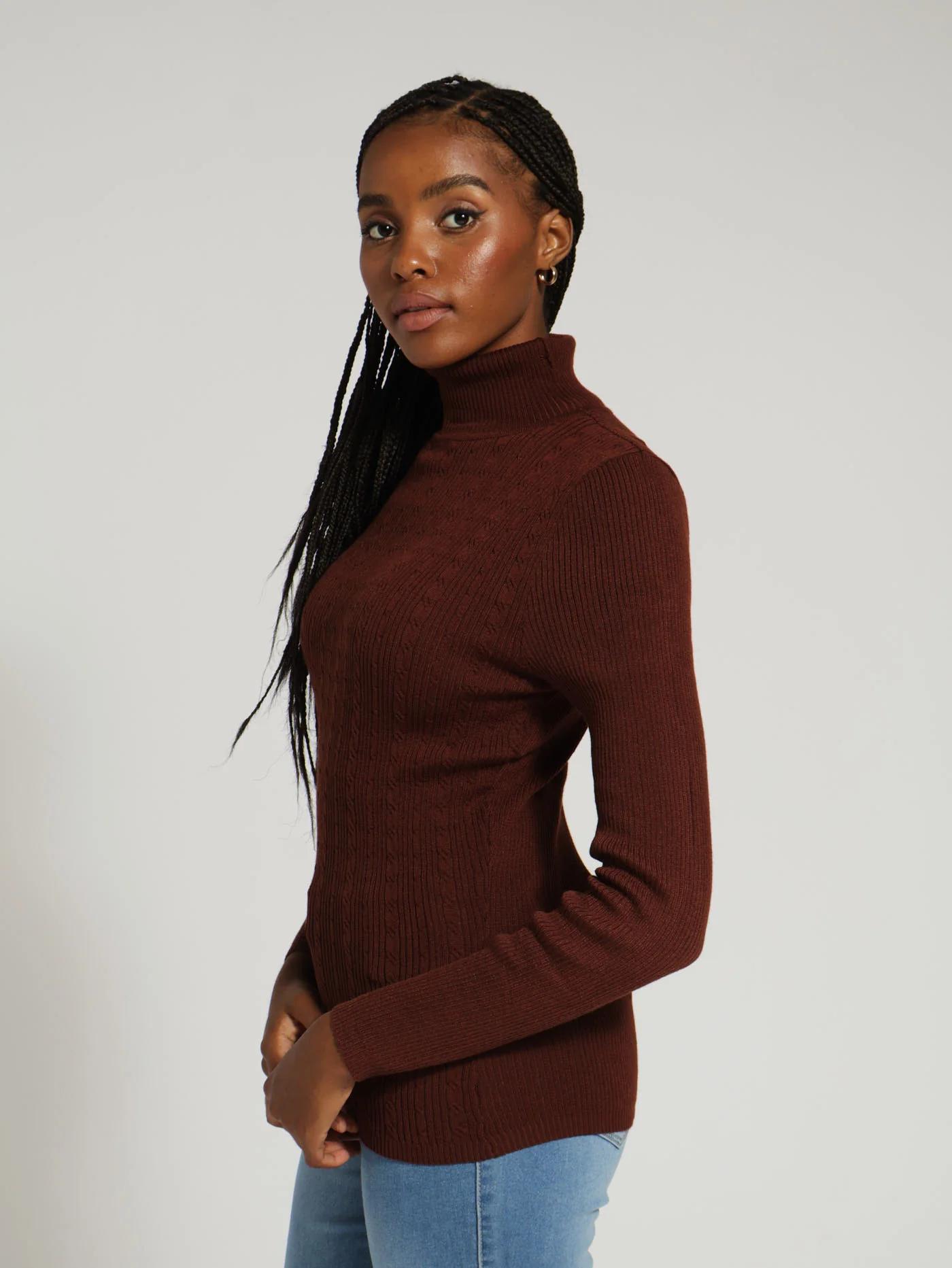 Variegated Cable Core Poloneck Knitwear - Chocolate - Image 2