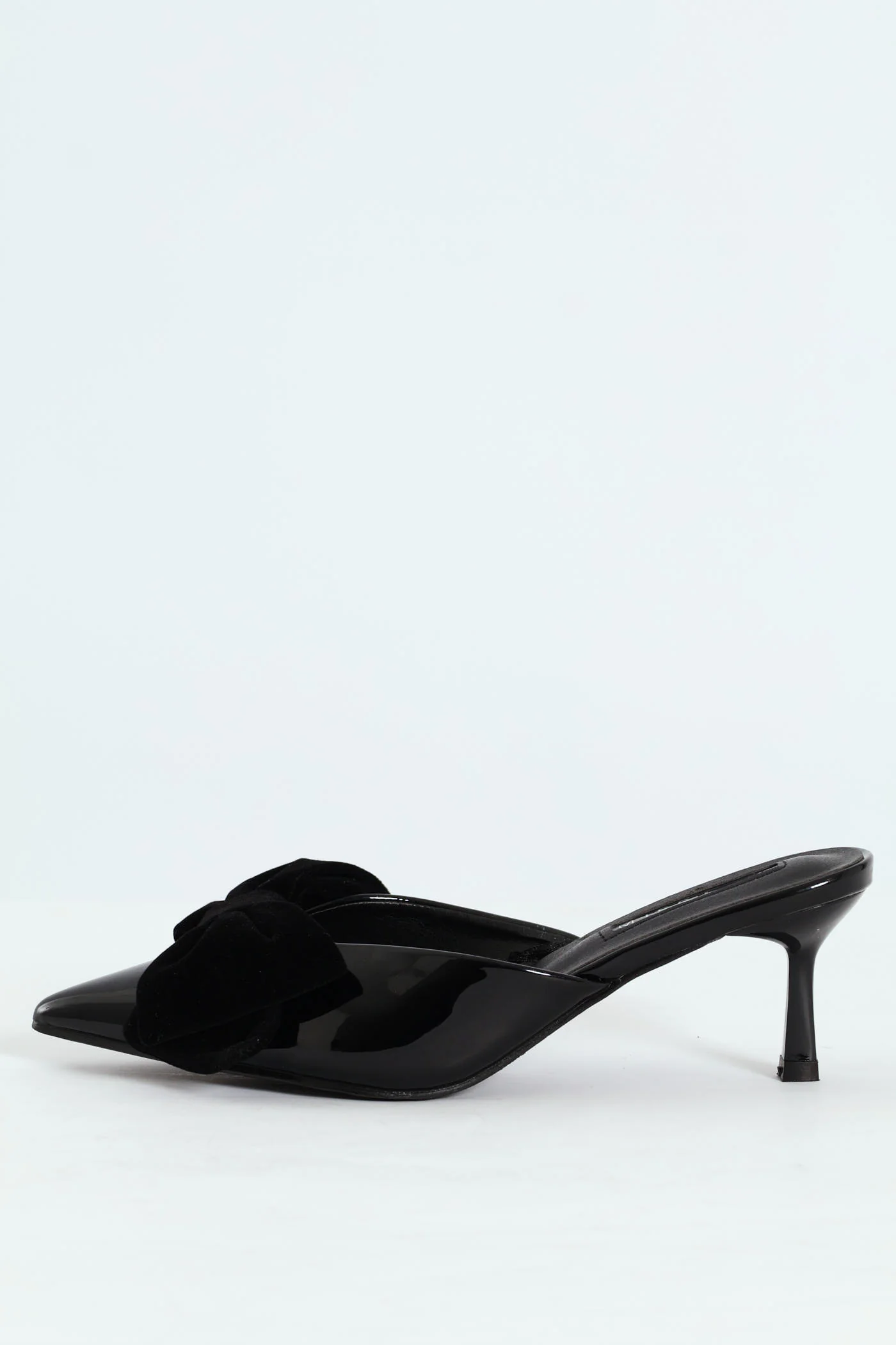 Velvet Bow Mid Stiletto Pointy Push In Court Heel - Black
